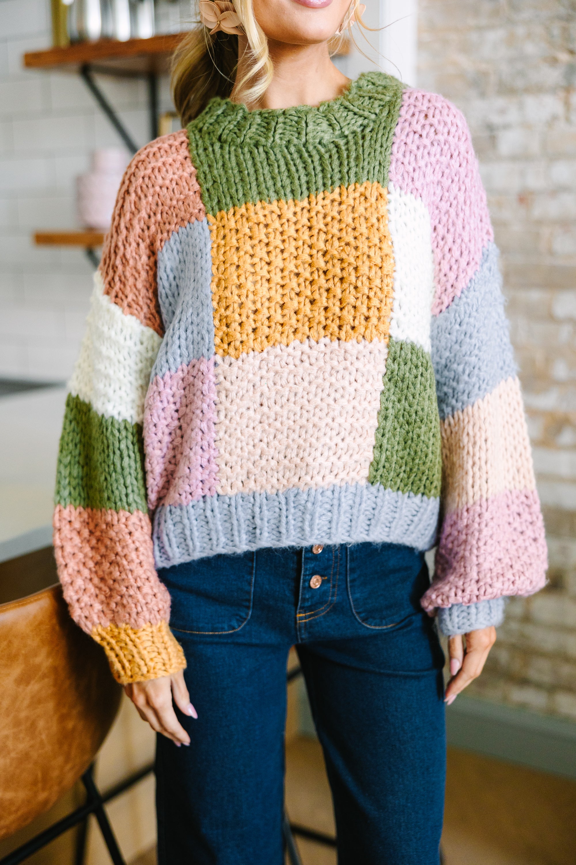 Irresistible Olive Green Colorblock Chunky Sweater