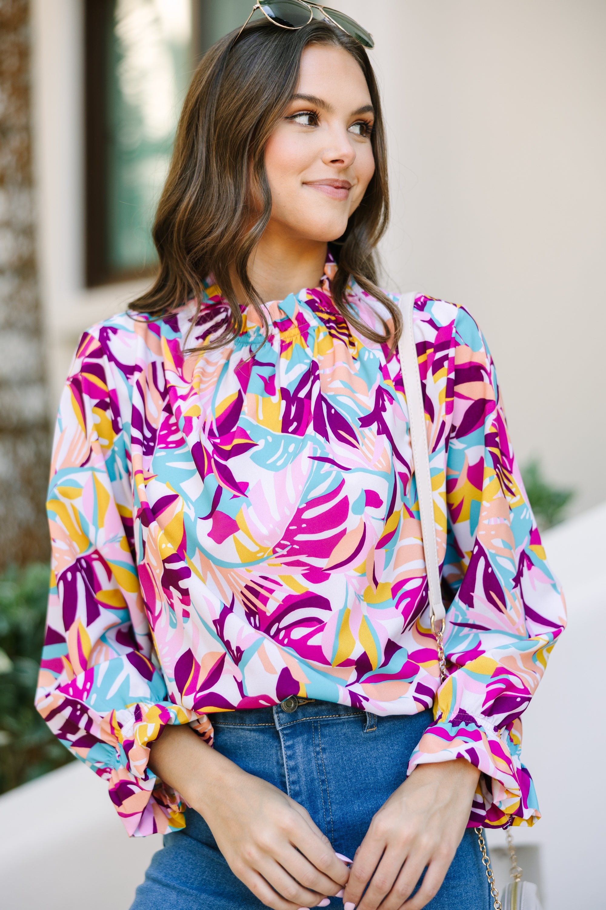 Unleash Your True Self with Fuchsia Pink Tropical Floral Blouse