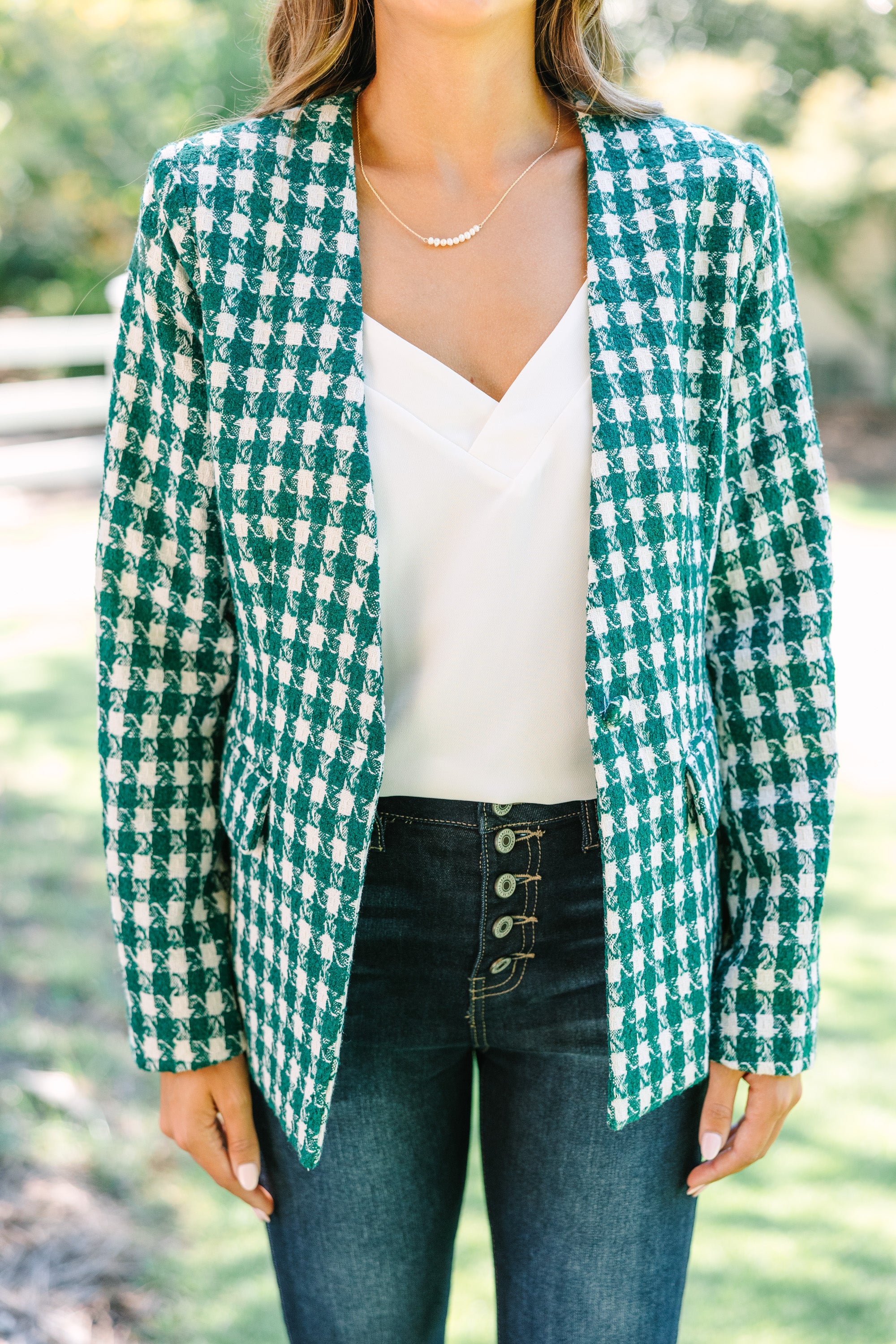 Gorgeous All In A Day Hunter Green Houndstooth Jacket - A Must-Have!