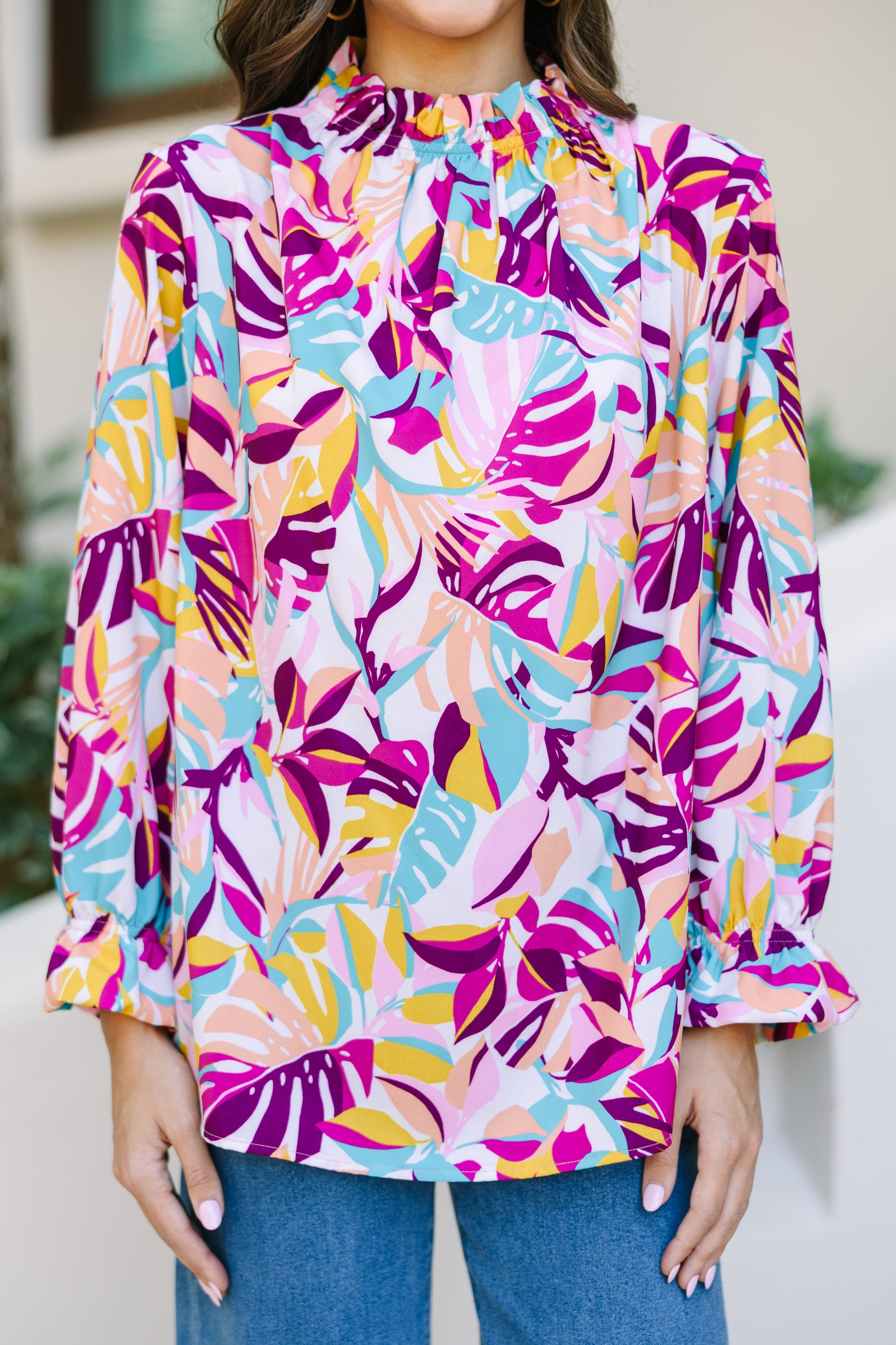Unleash Your True Self with Fuchsia Pink Tropical Floral Blouse