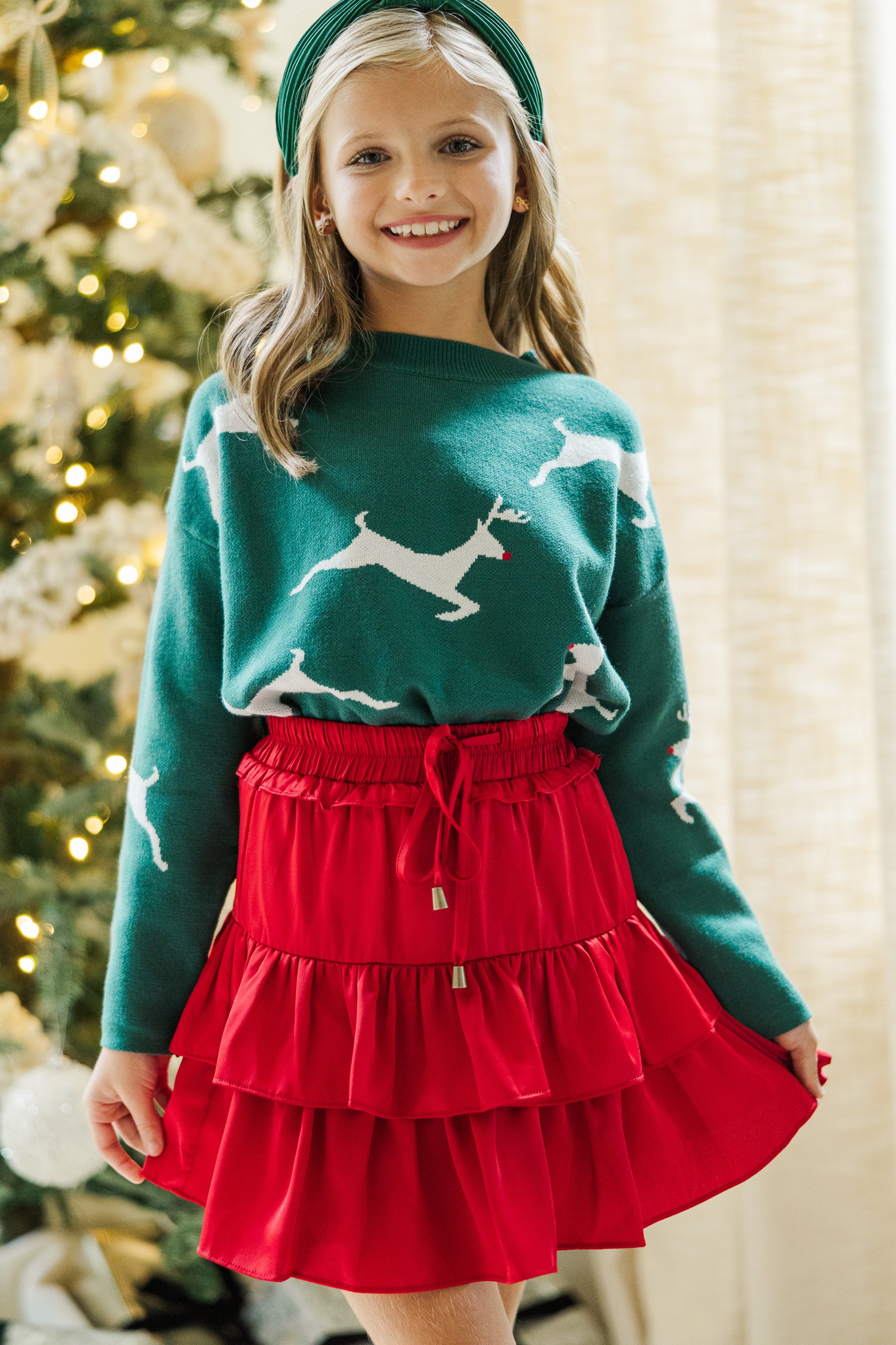 Girls' Irresistible Emerald Green Reindeer Christmas Sweater