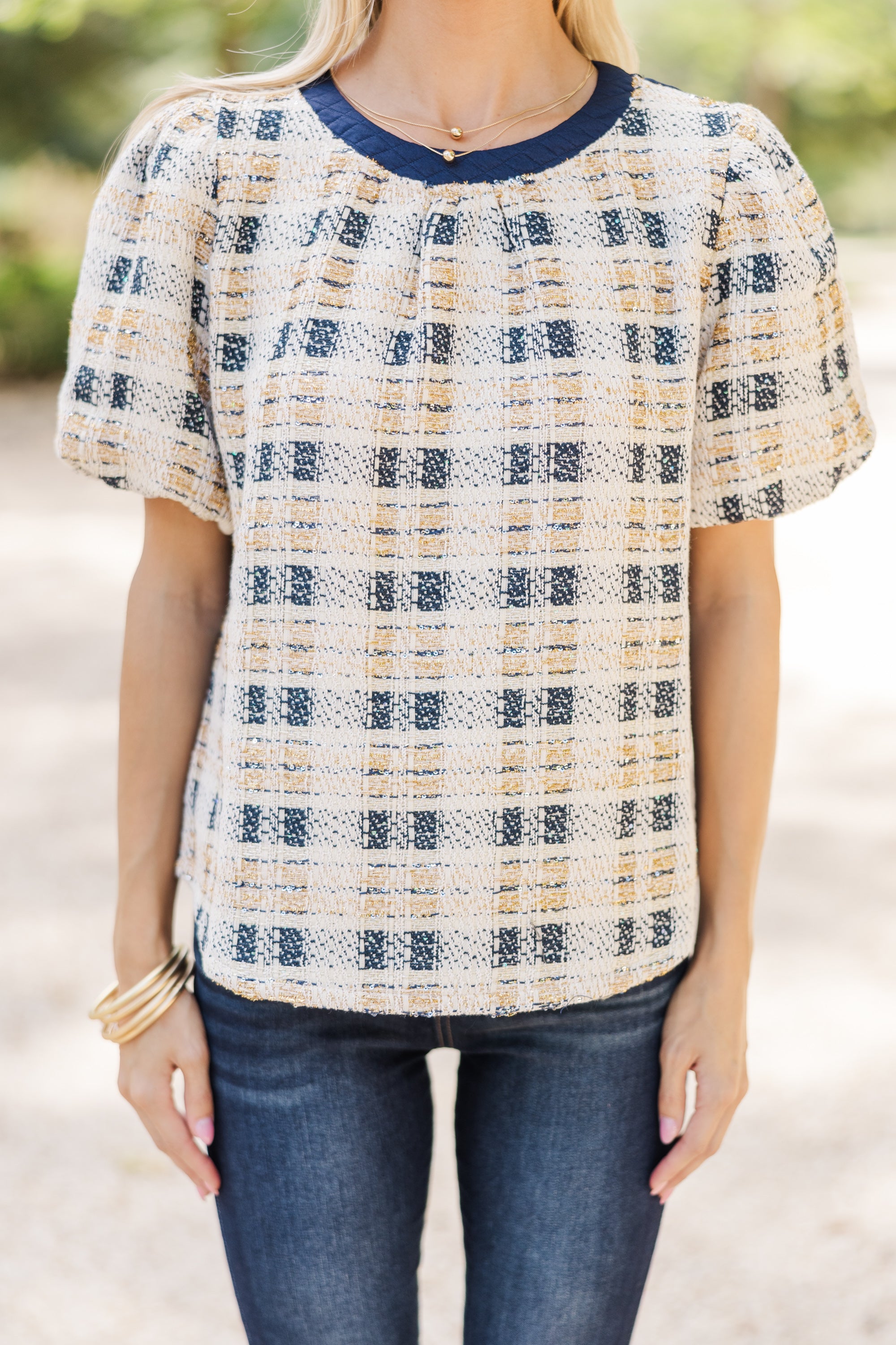 Navy Blue Tweed All-In-One Chic Blouse