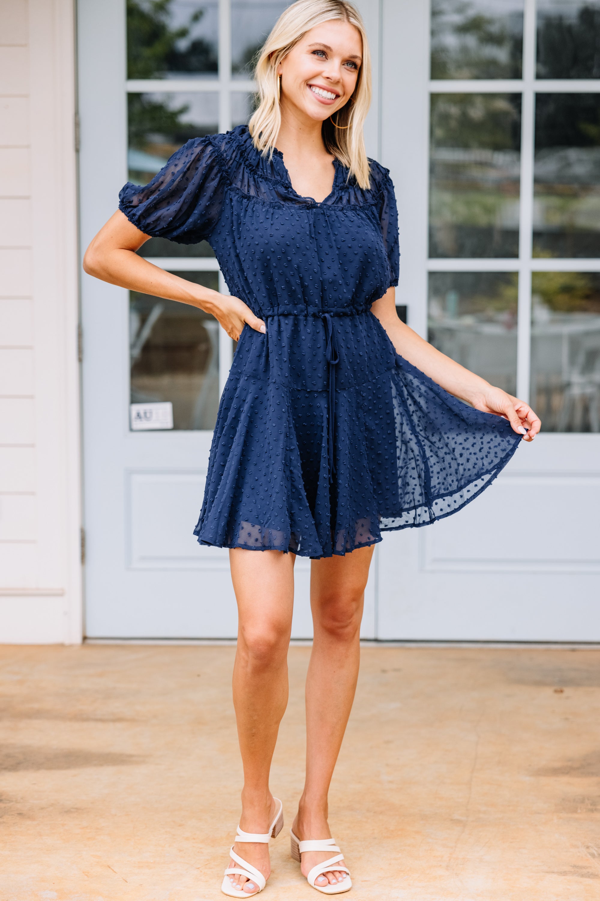 Enchanting Navy Blue Swiss Dot Dress - Be With You!