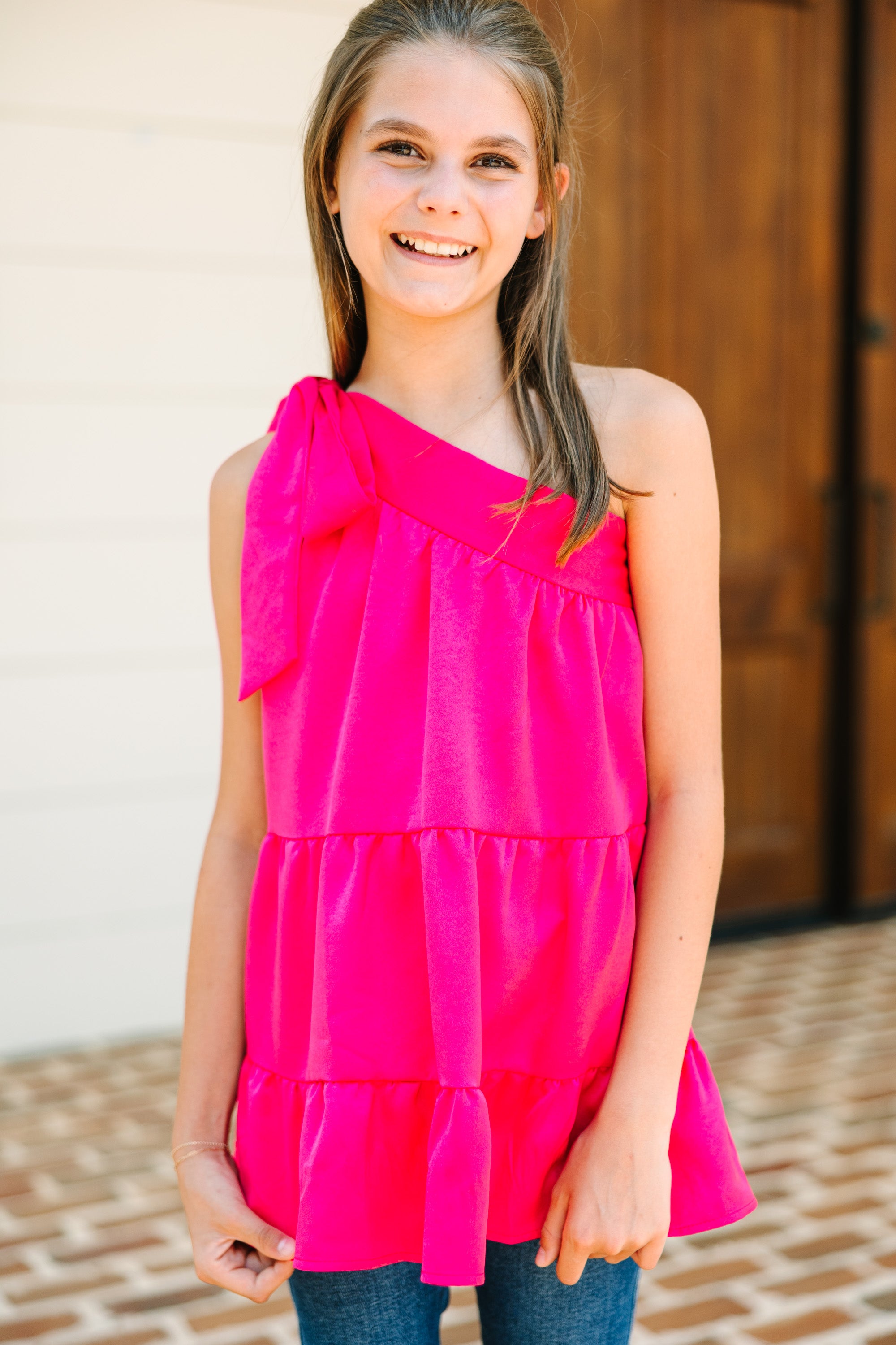 Gorgeous Fuchsia Pink Satin One Shoulder Tank for Girls - Protect Your Heart in Style!