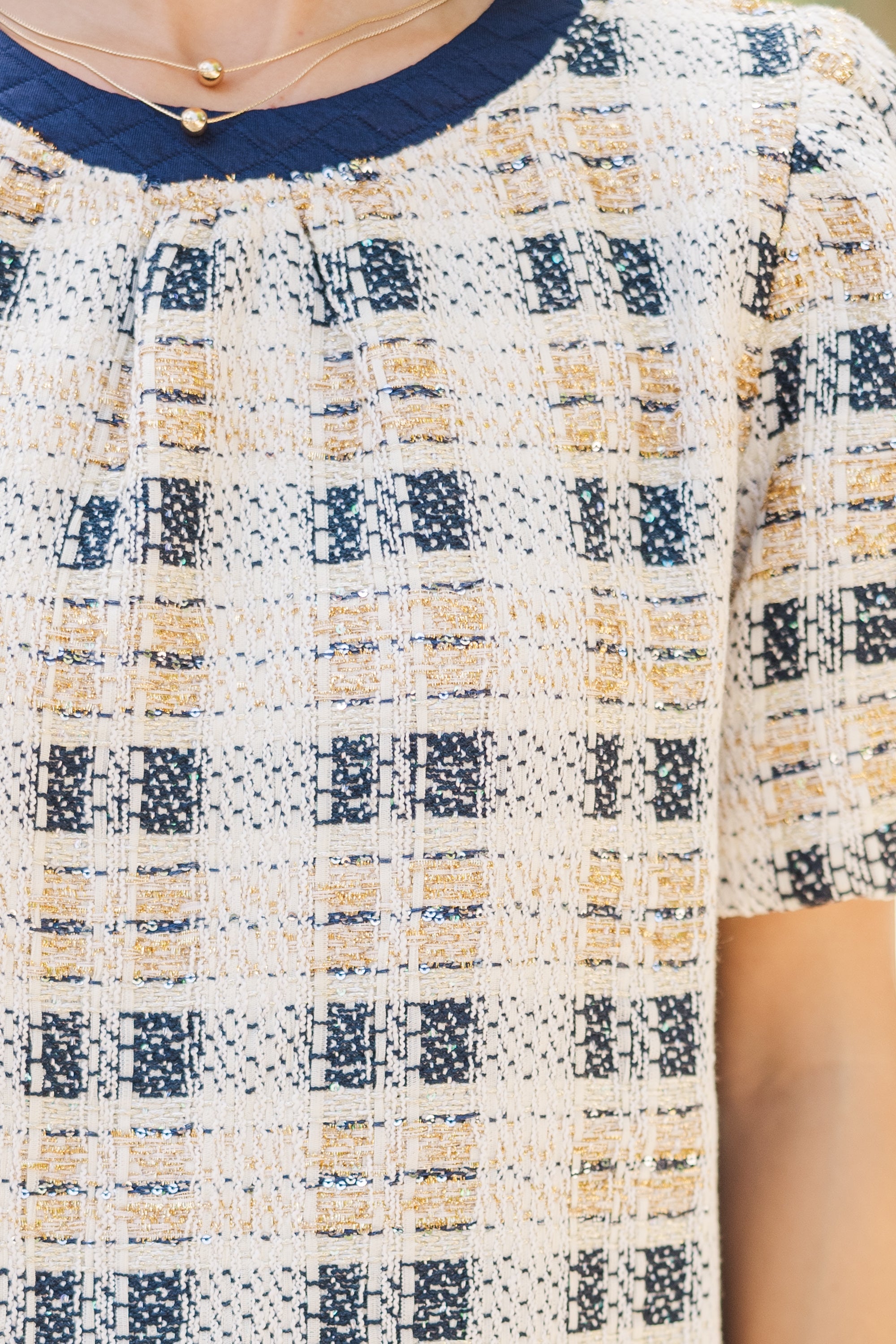 Navy Blue Tweed All-In-One Chic Blouse