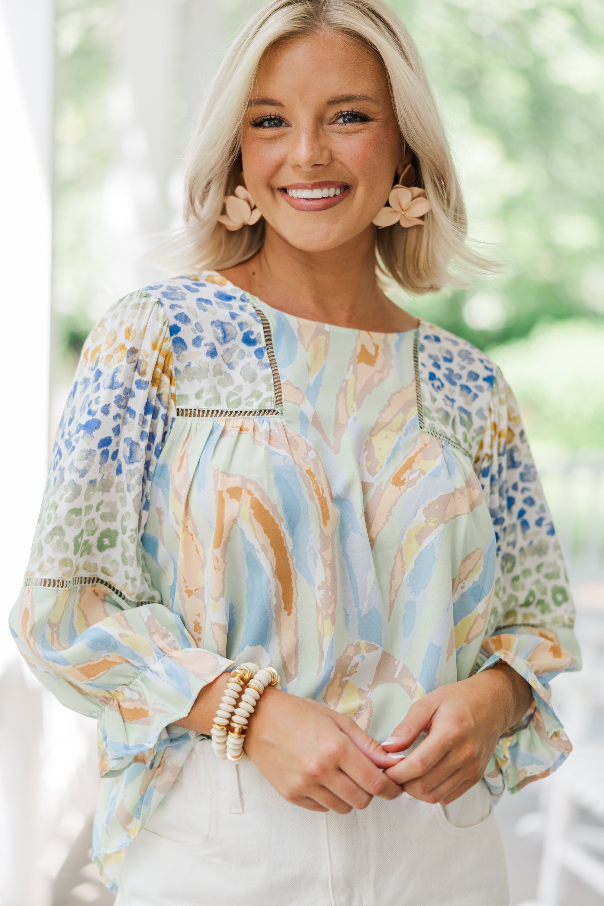 Fantastic Sage Green Mixed Print Blouse: A Must - Have for Style Mavens
