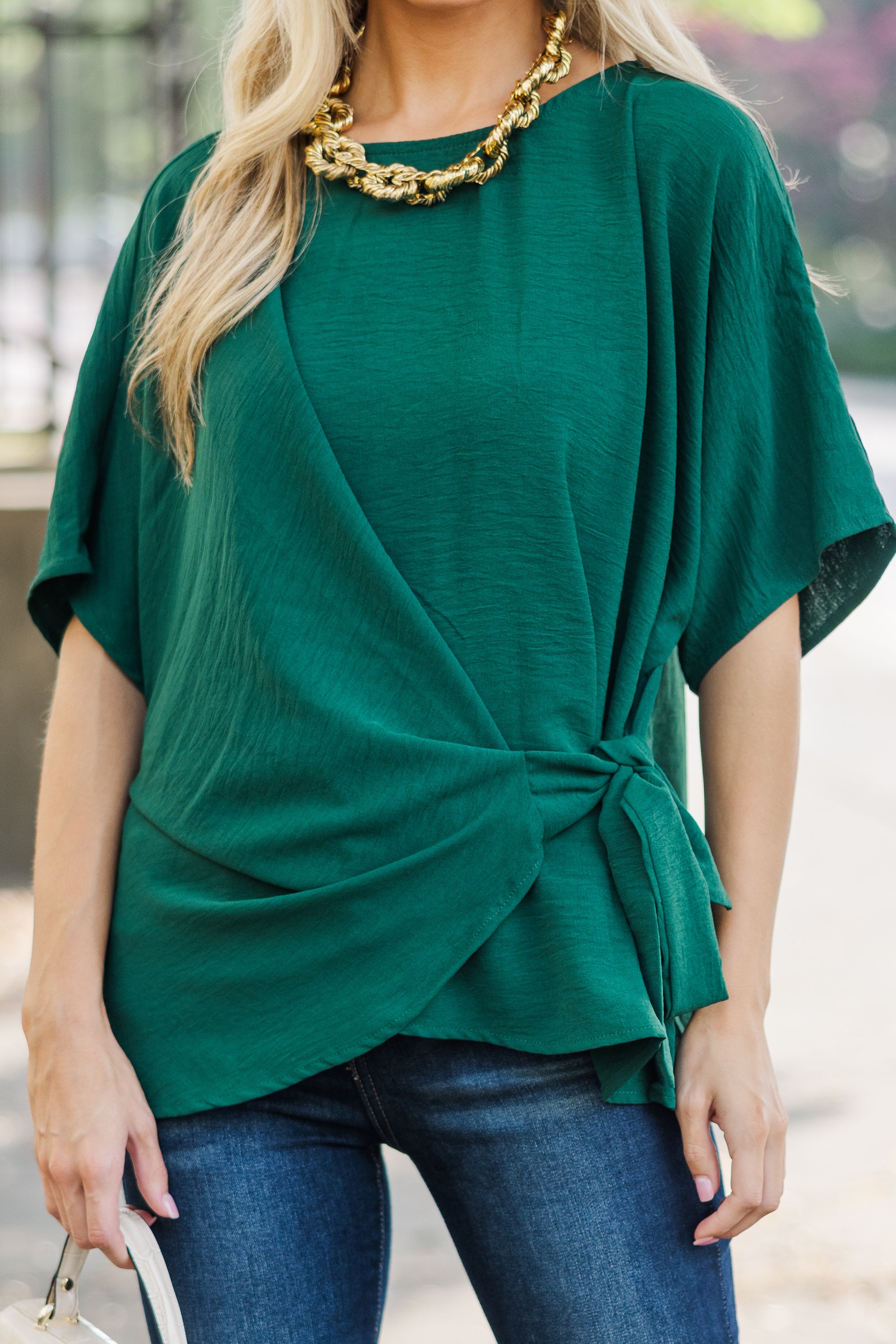 Happy Thoughts Emerald Green Tied Feminine Blouse - Style Your Day!