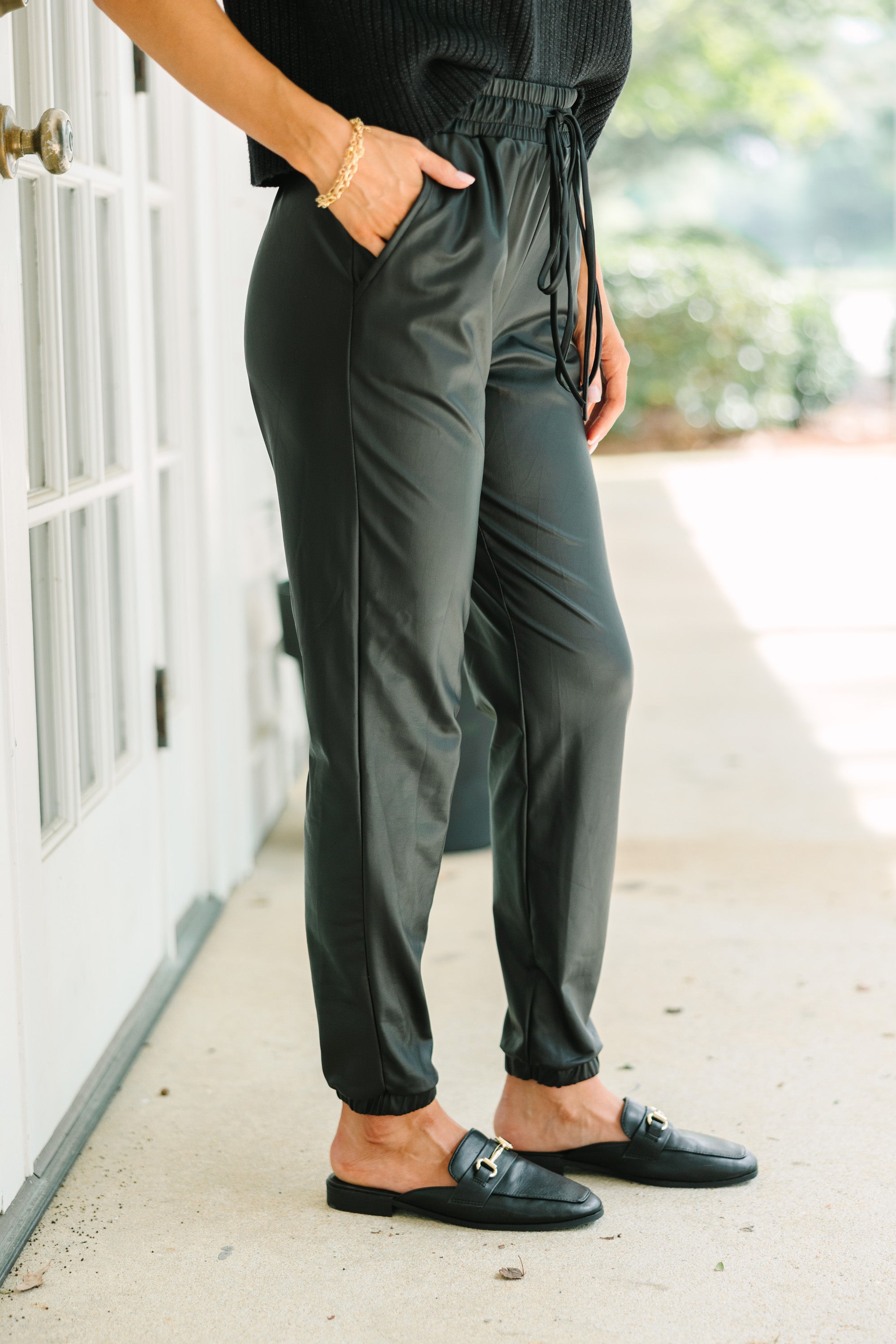 Love-Inspired Black Faux Leather Joggers