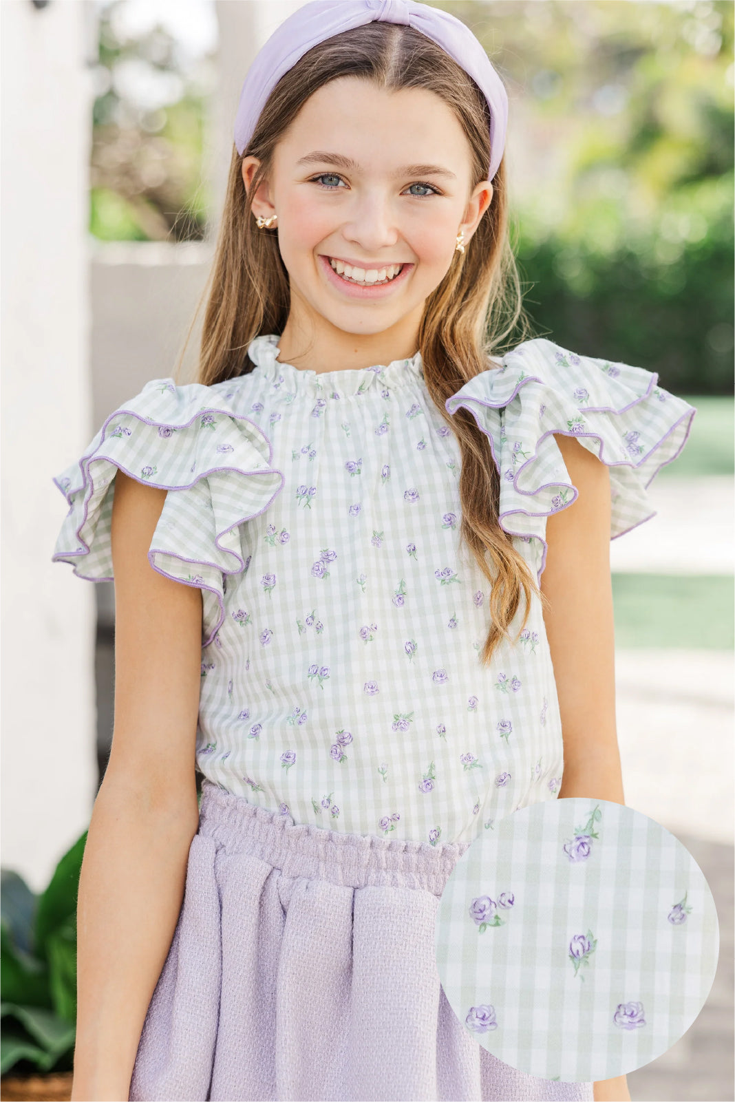 Adorable Girls' Sage Gingham Heart - Inspired Blouse