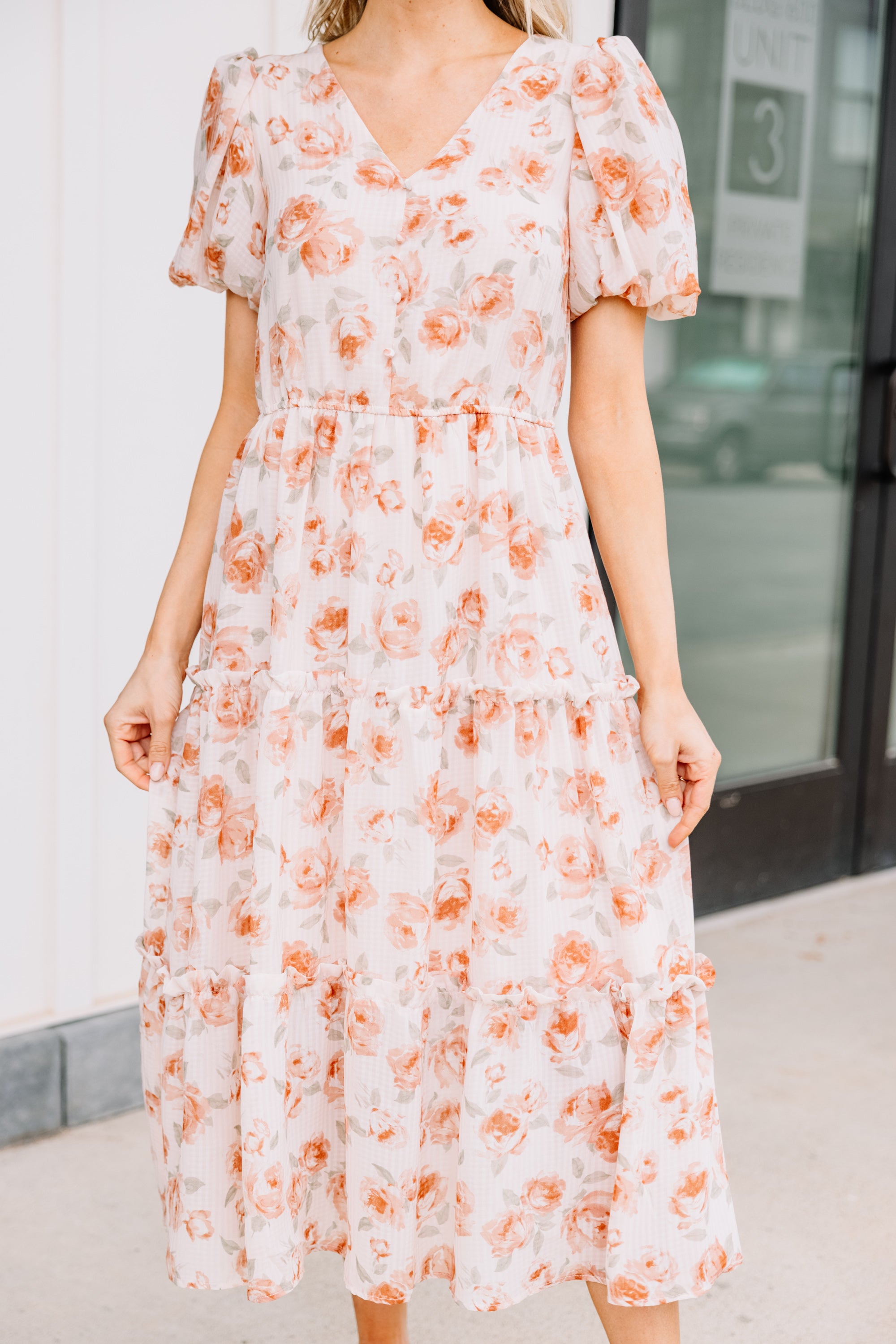 Enchanting Dusty Orange Floral Midi Dress - Feel Present and Stunning!