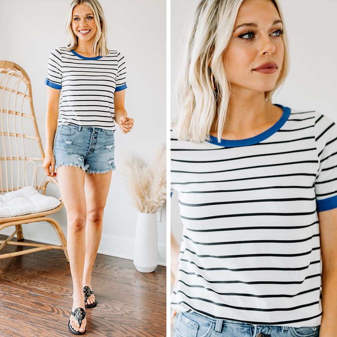Gorgeous Royal Blue Trim Striped Top - A Spring/Summer Must-Have!