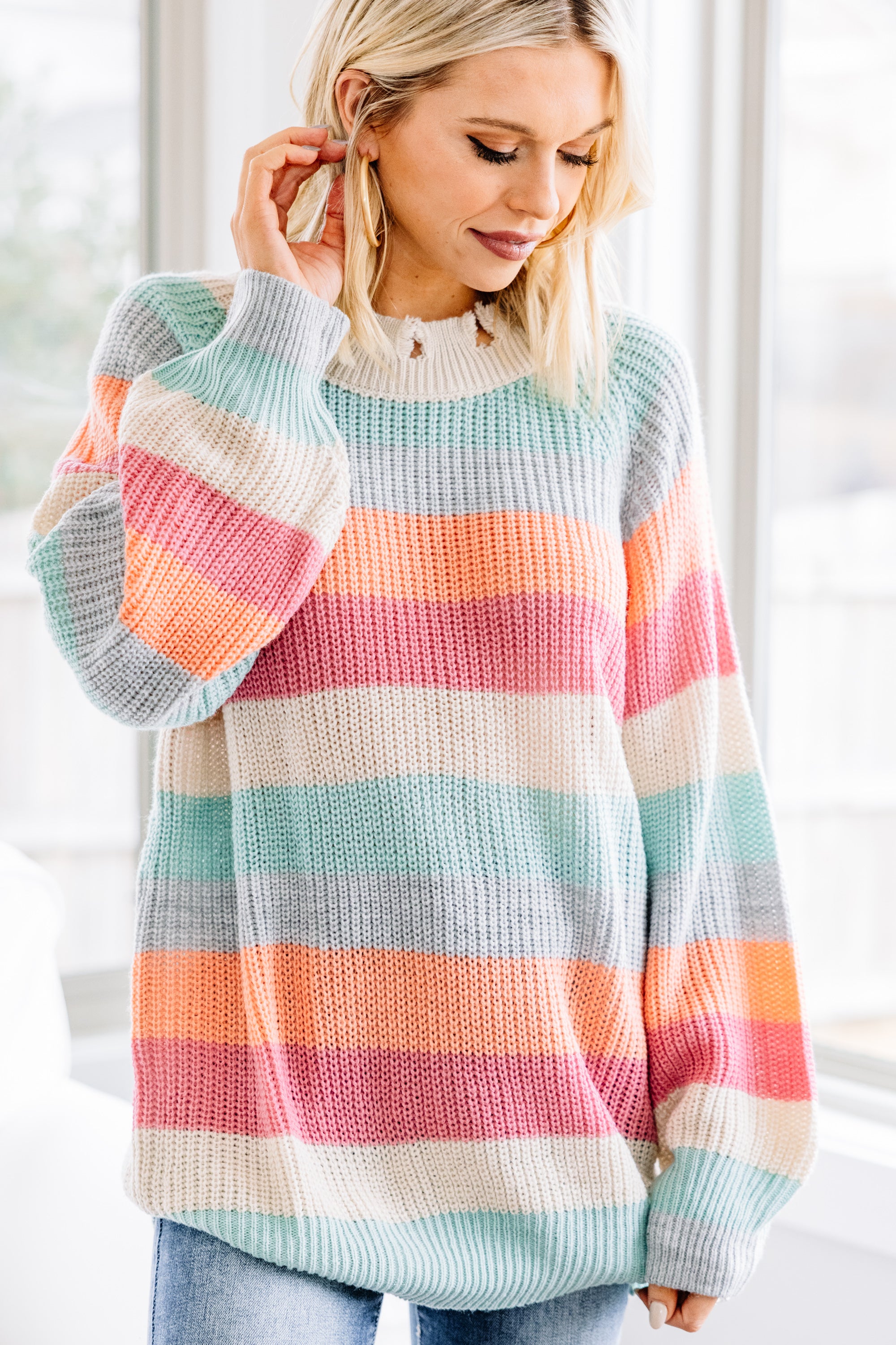 Joyful Mauve Pink Striped Spring Sweater