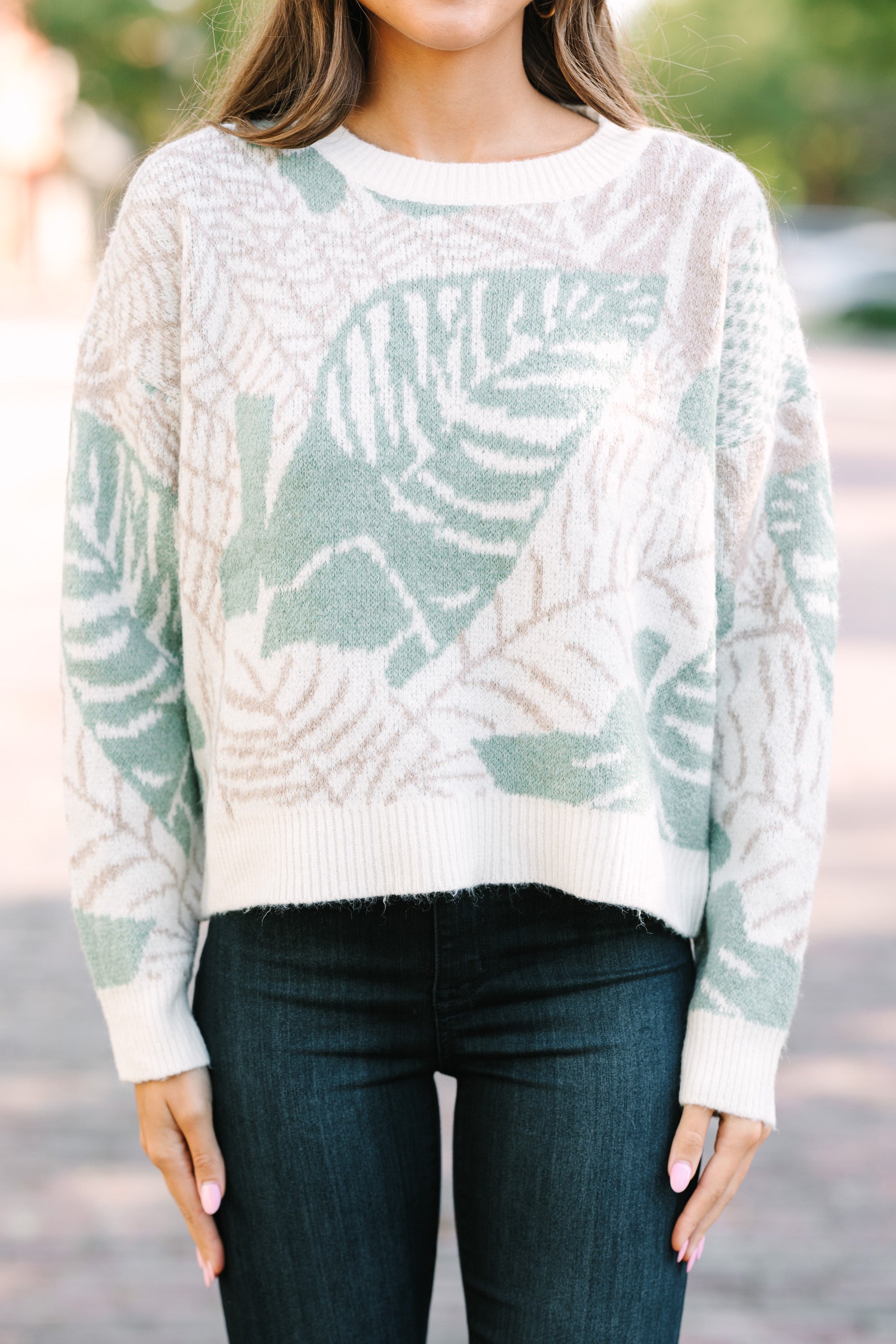 Alluring All In Love Sage Green Leaf Print Sweater