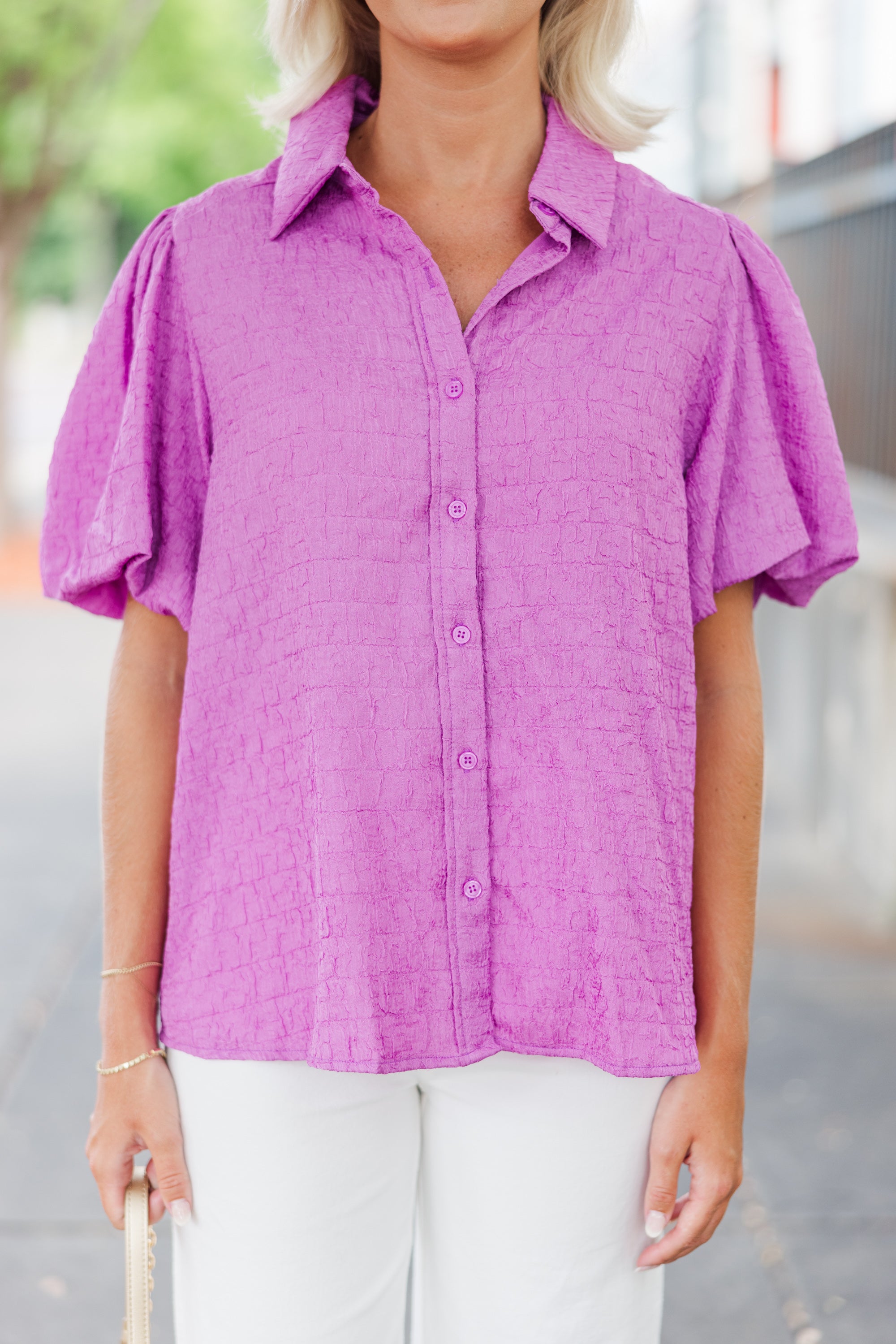 Gorgeous Happy You're Here Lavender Purple Textured Blouse - A Must - Have!