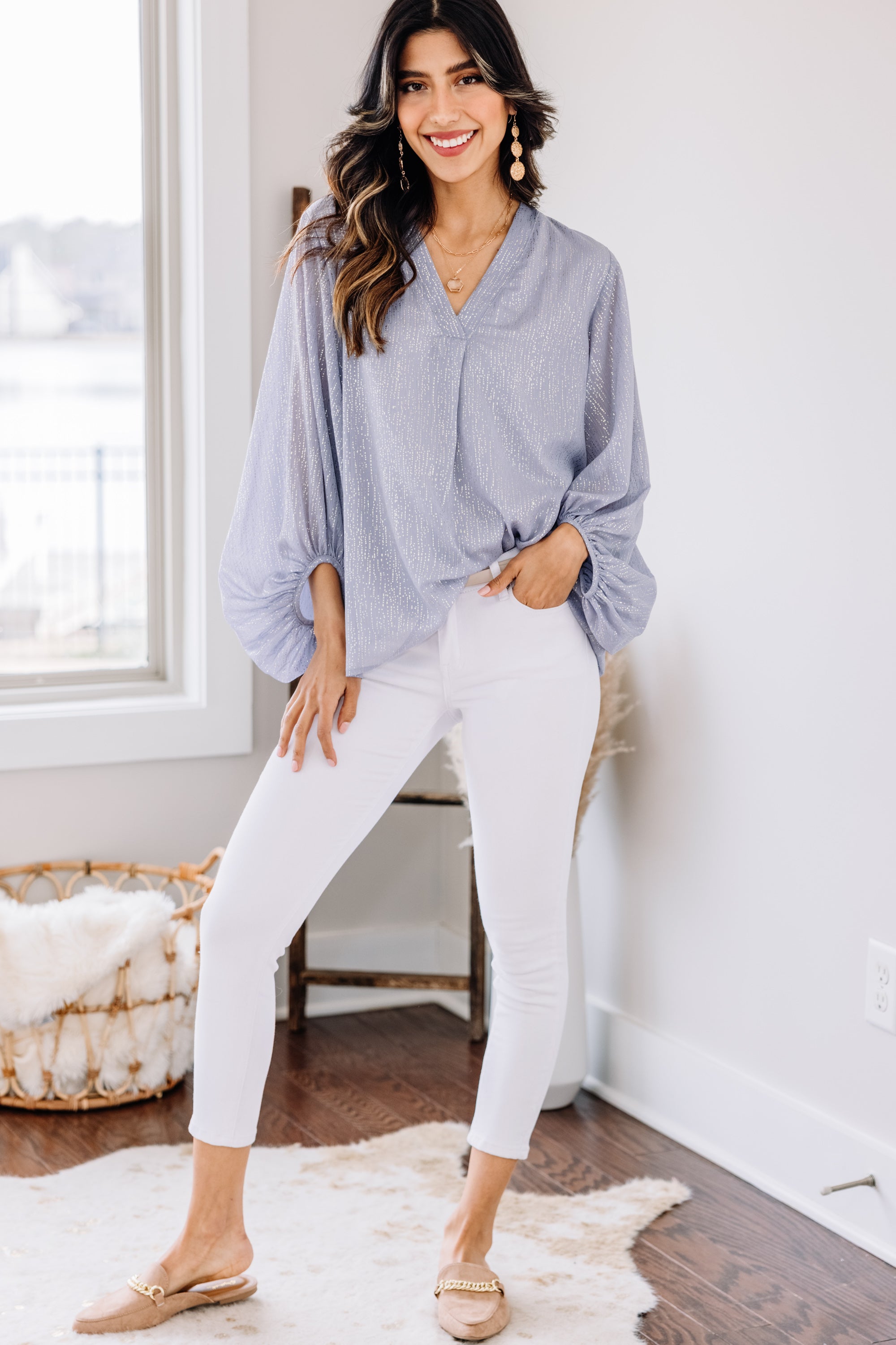 Confidence-Boosting Misty Blue Bubble Sleeve Blouse