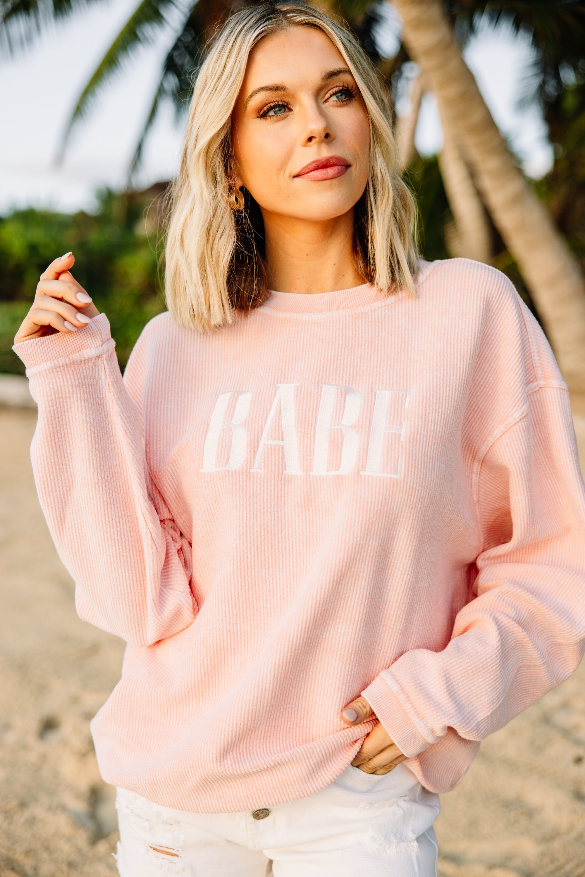 Gorgeous Babe Blush Pink Corded Embroidered Sweatshirt - Perfect for Babe to Bride