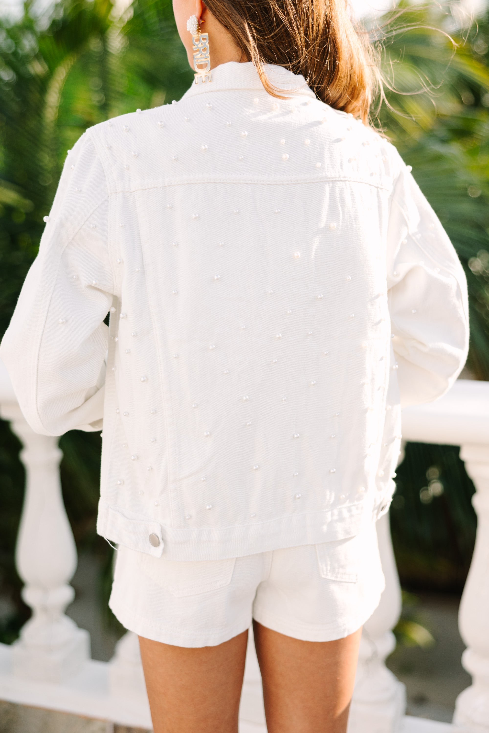 Eye-Catching Ivory White Pearl-Embellished Denim Jacket