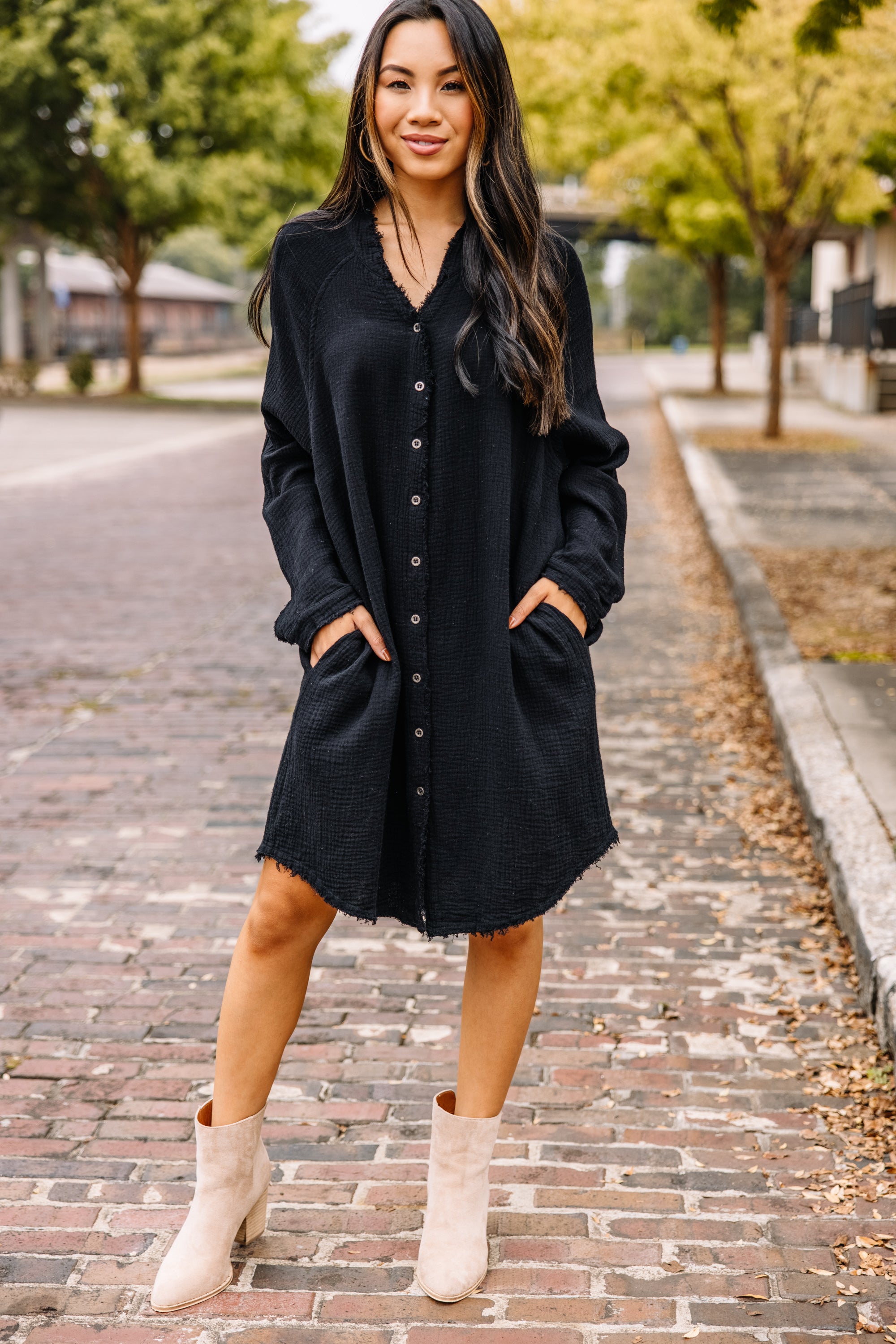 All Is Well Stylish Black Button Down Dress