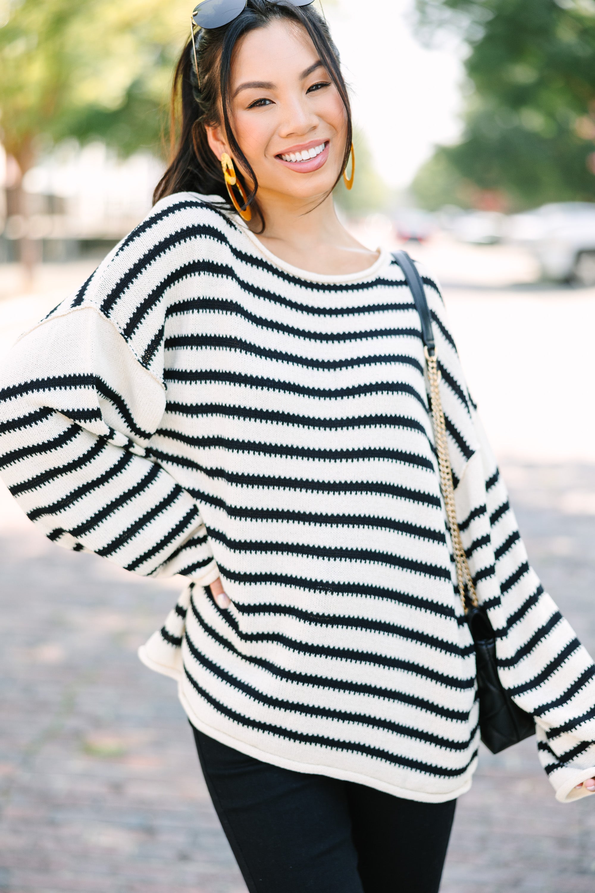Joyful Ivory White Striped Oversized Sweater