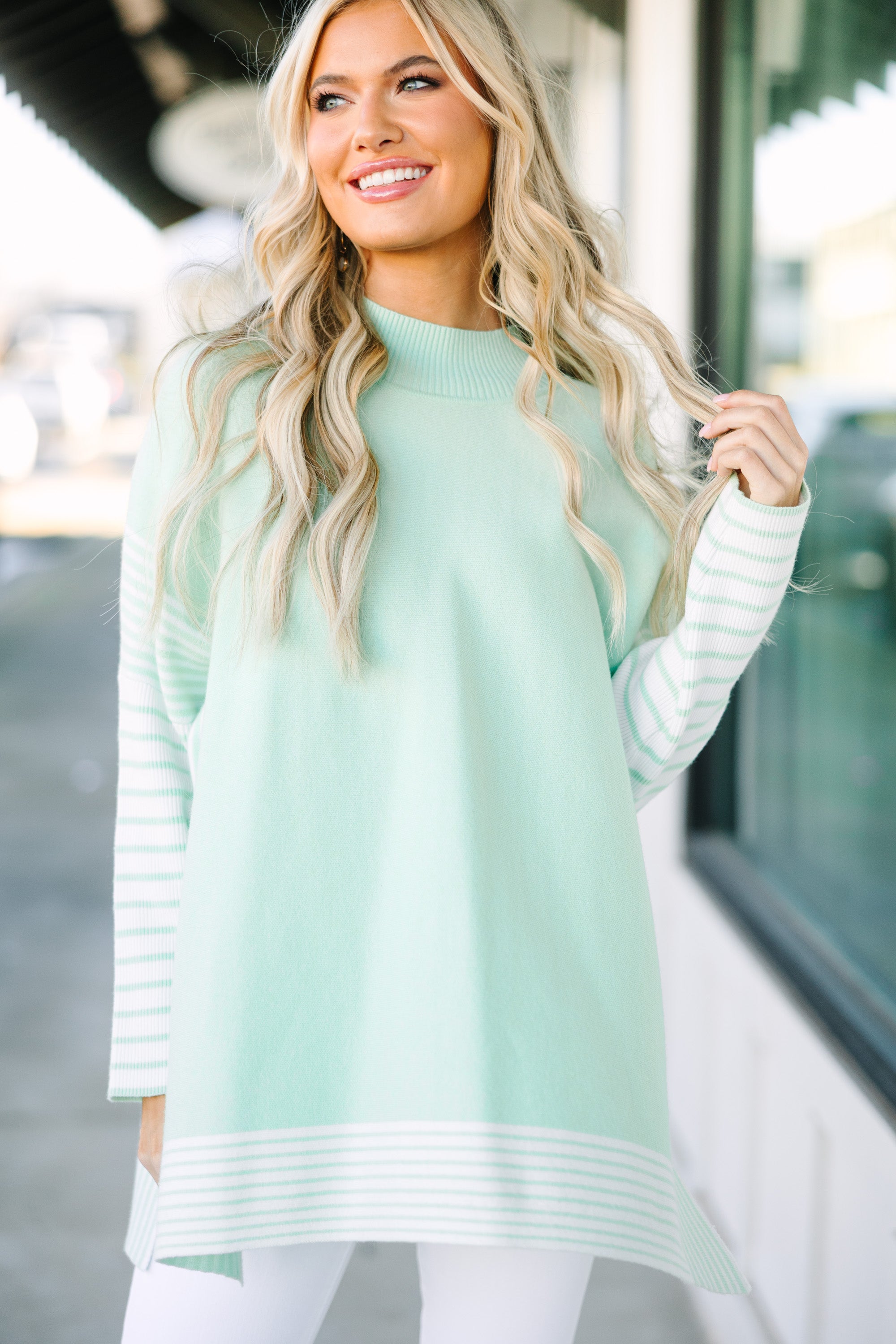 Stunning All-In Sage Green Striped Tunic - A Must-Have!