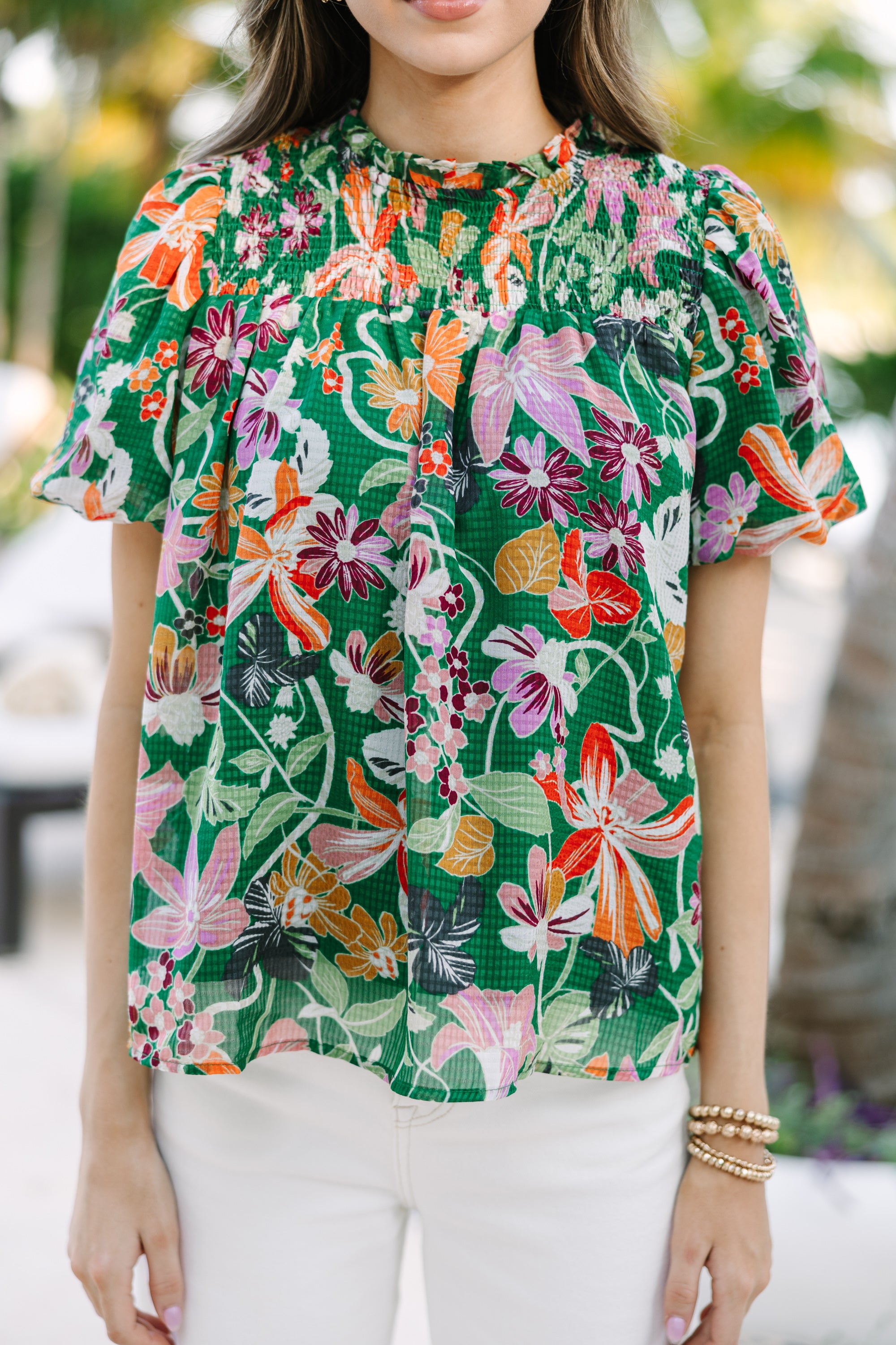 Exquisite All - In - The - Plans Tropical Green Floral Blouse