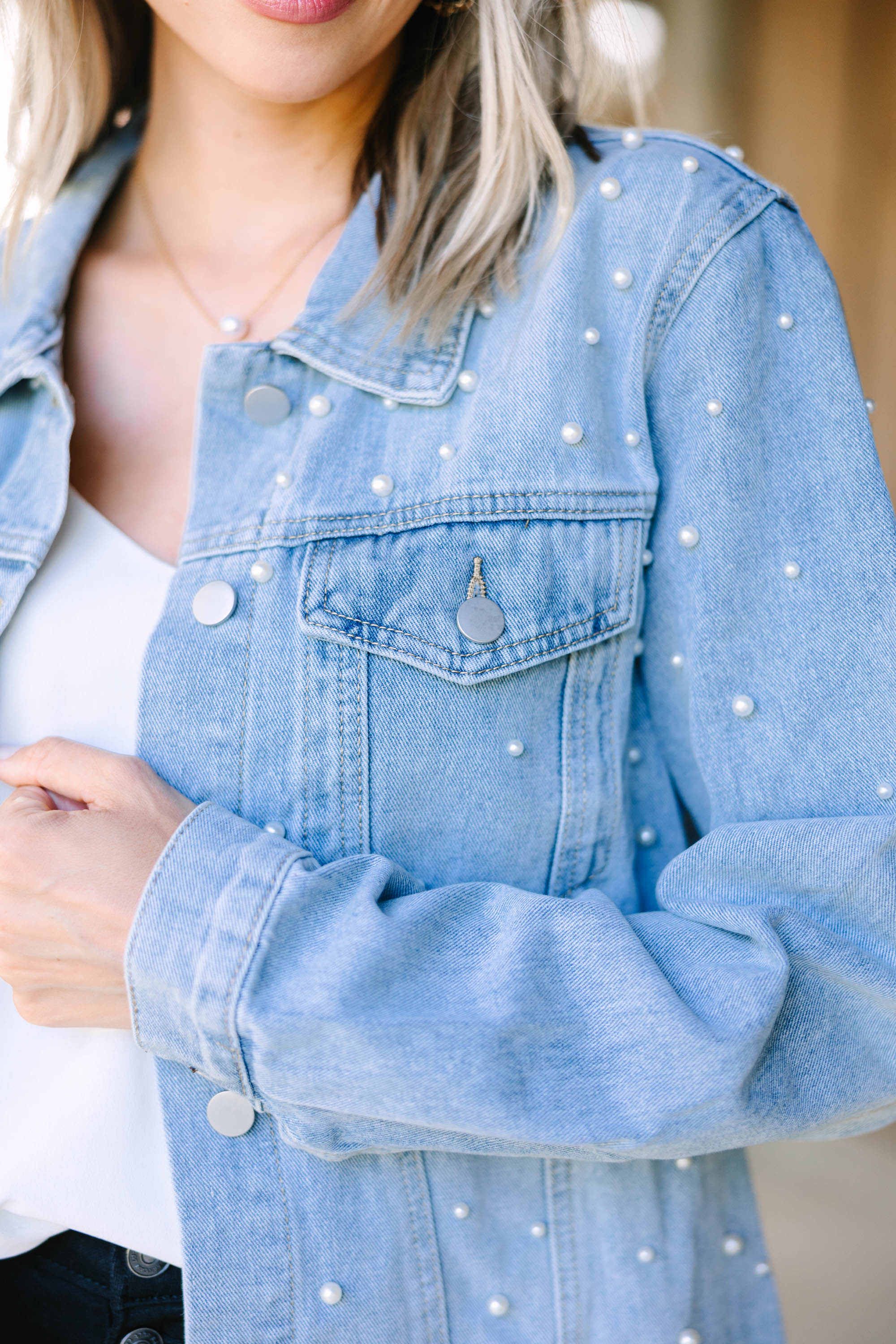 Eye - Catching Light Wash Pearl Embellished Denim Jacket