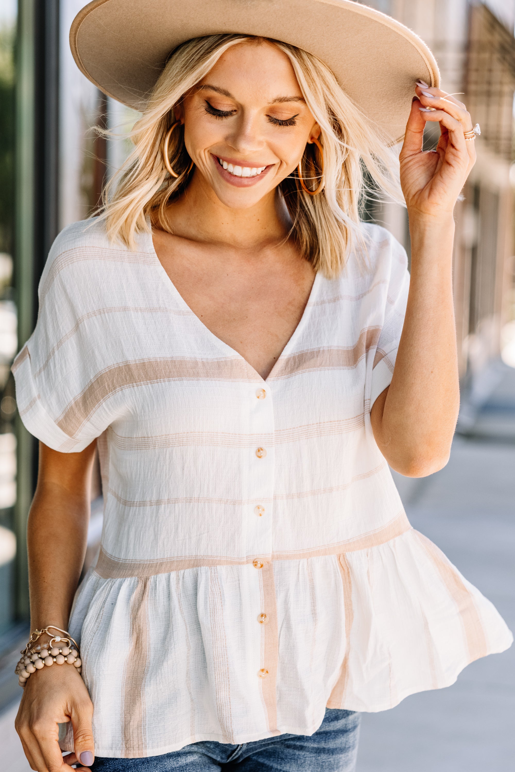 Irresistible Taupe Brown Striped Babydoll Top - A Must-Have!