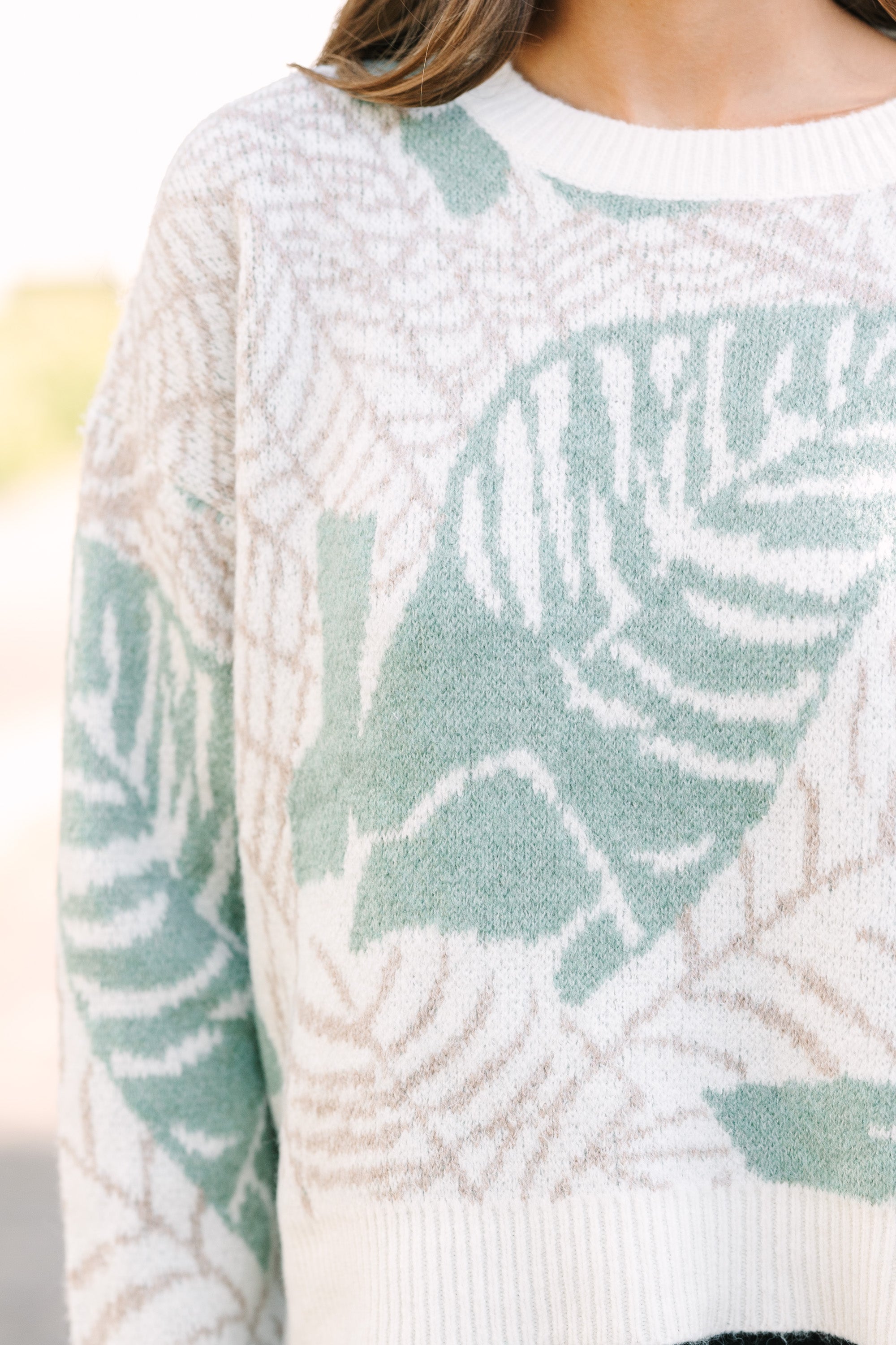 Alluring All In Love Sage Green Leaf Print Sweater