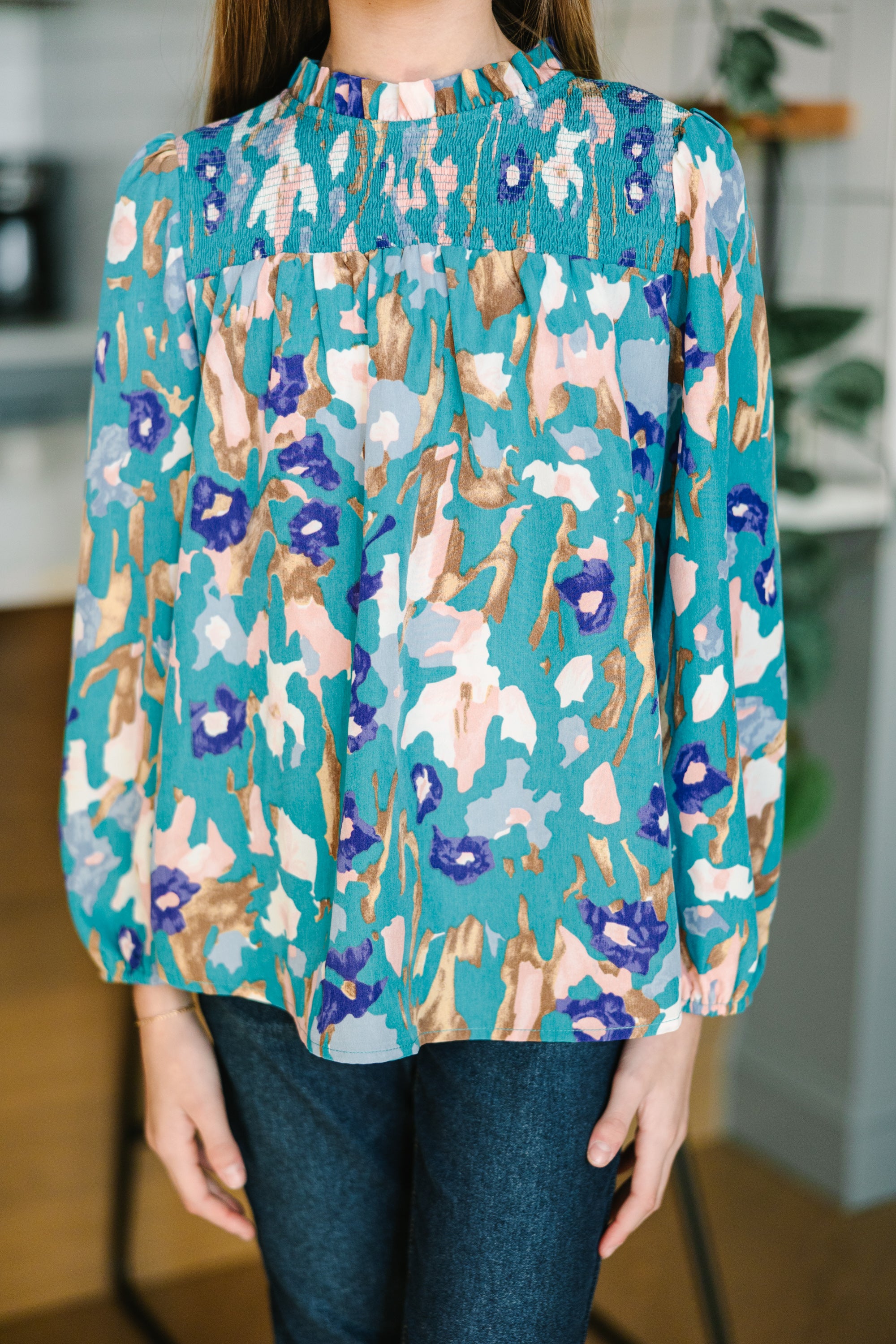 Elevate Your Style! Girls' Teal Blue Floral Blouse