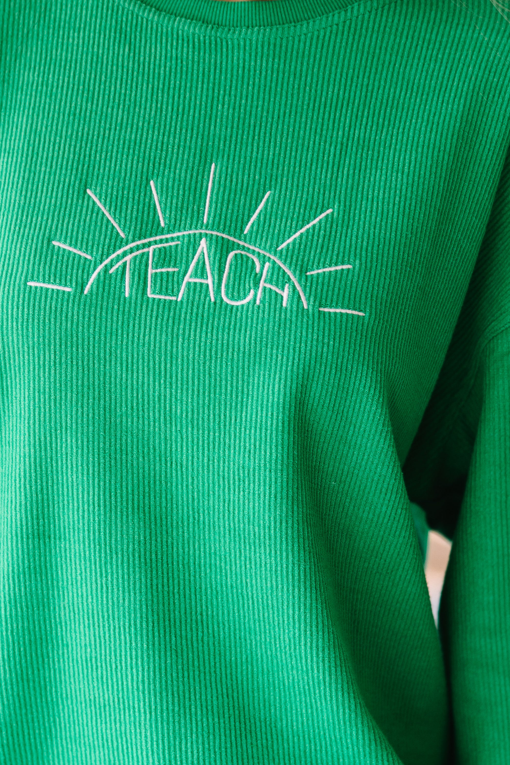 Illuminate with Style: Be The Light Green Embroidered Corded Sweatshirt