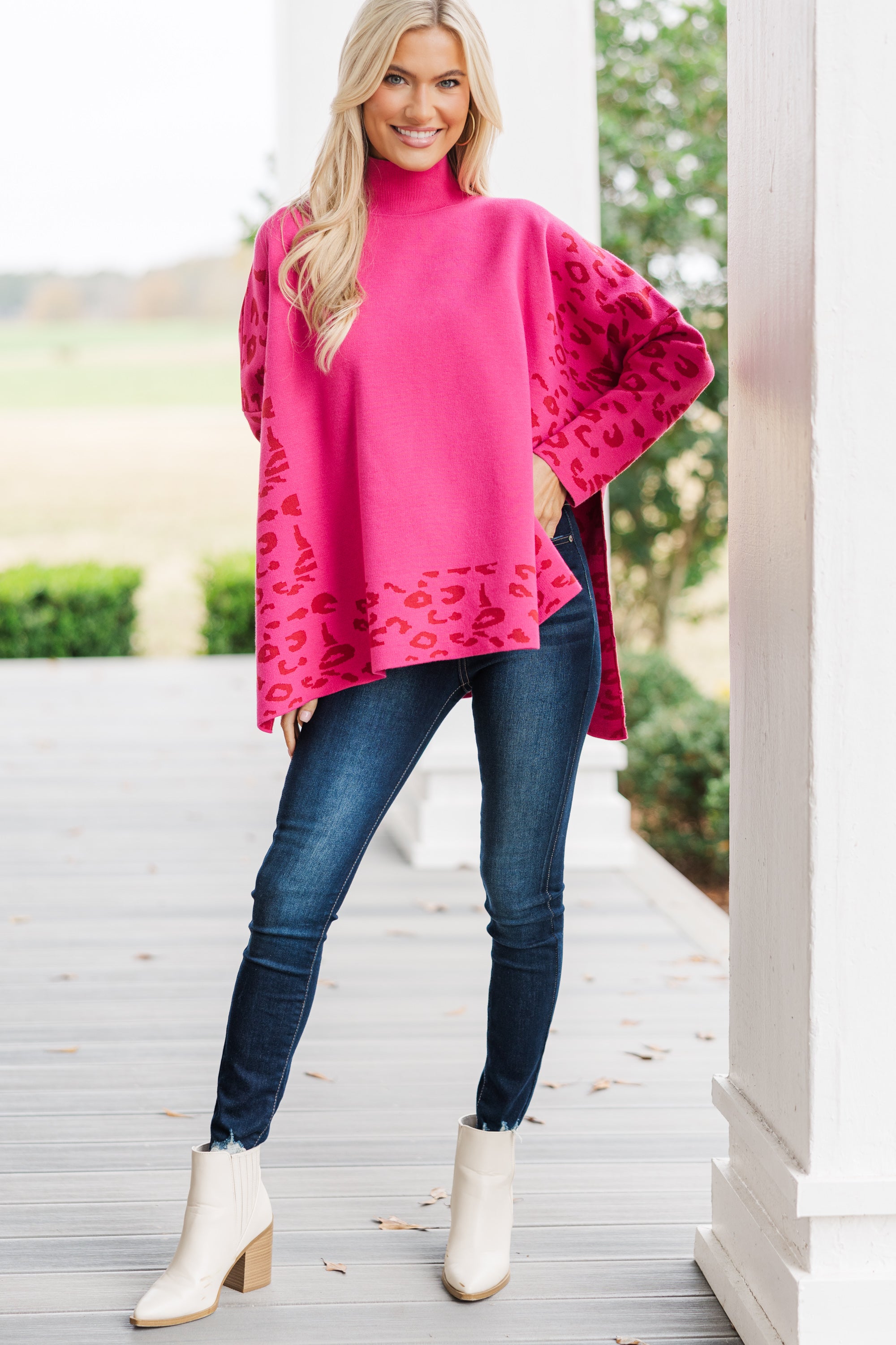 All In Theory Fuchsia Pink Leopard Print Sweater Tunic - A Fashion Statement!