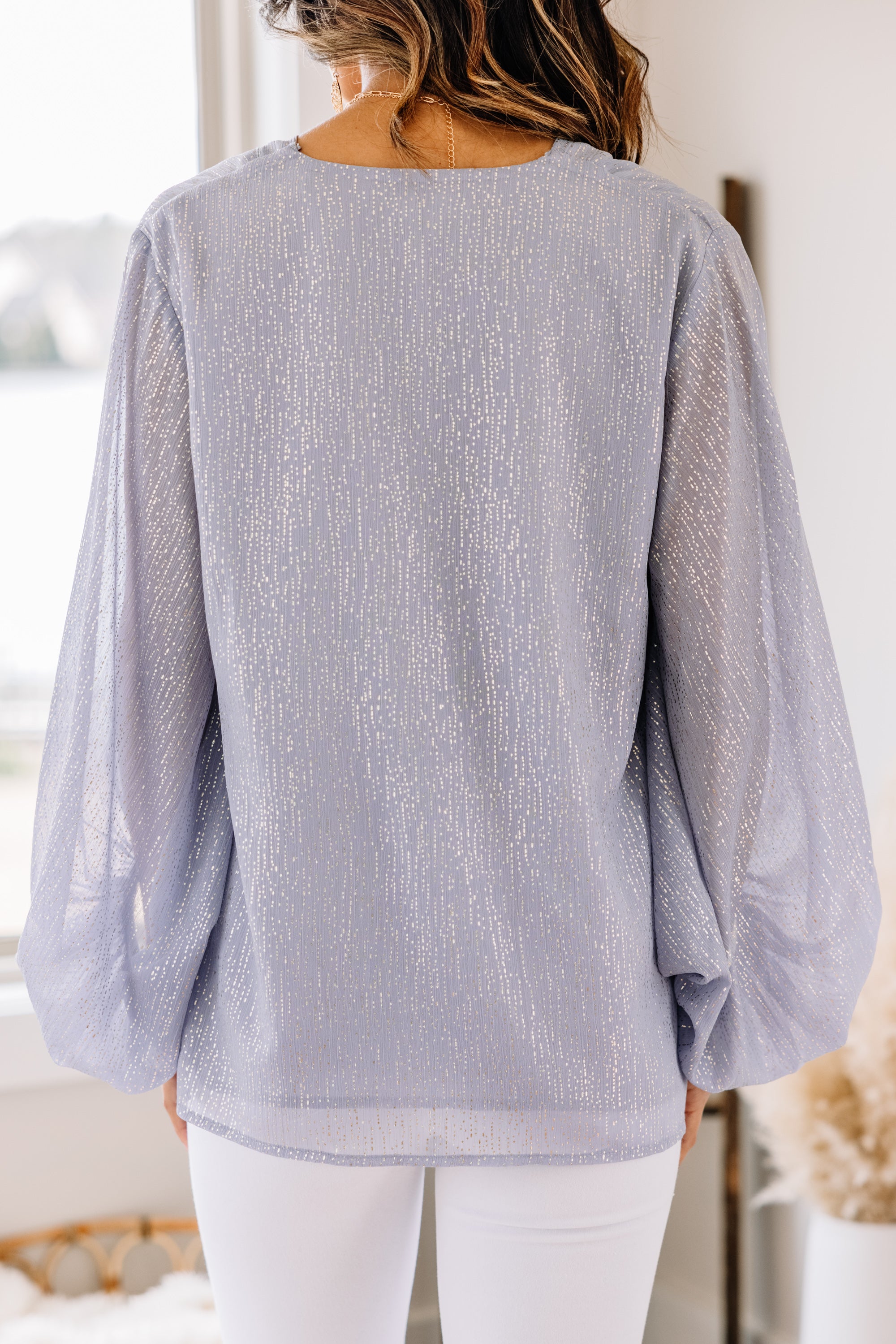 Confidence-Boosting Misty Blue Bubble Sleeve Blouse