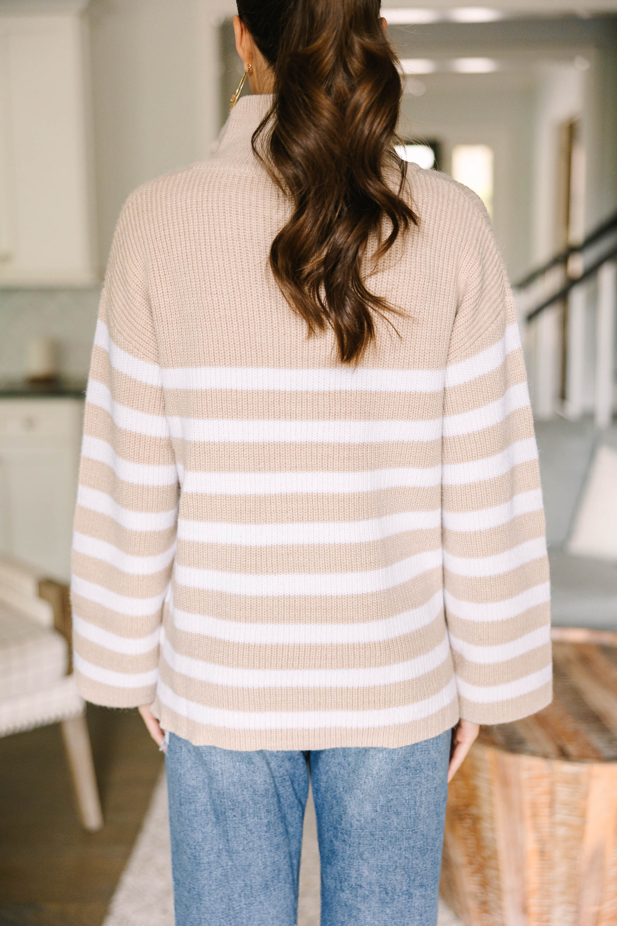 Stylish Taupe Brown Striped Self - Embrace Sweater