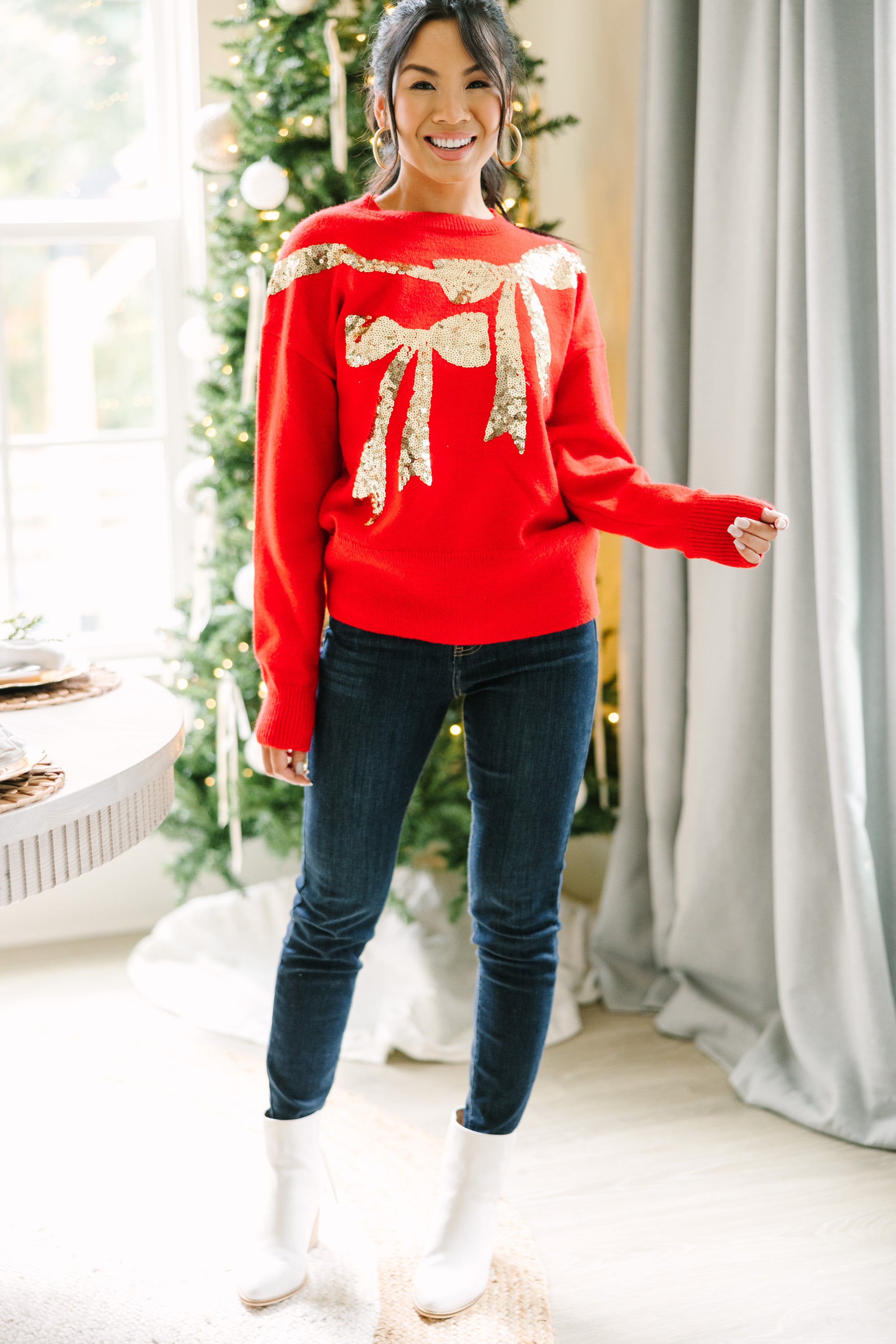 Glamorous Red Sequin Bow Sweater - Feel Like a Holiday Star!