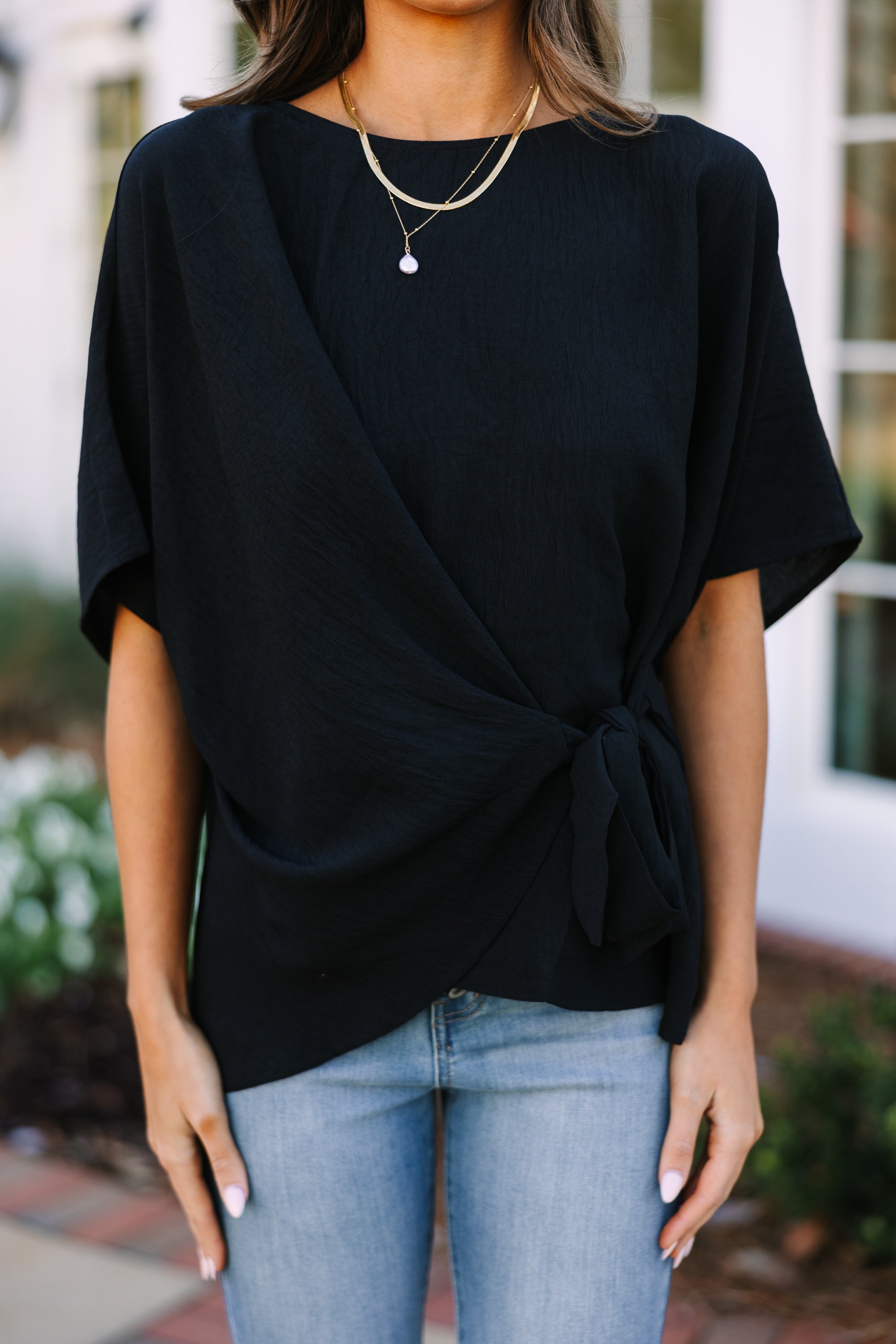 Joyful Black Tied Feminine Blouse