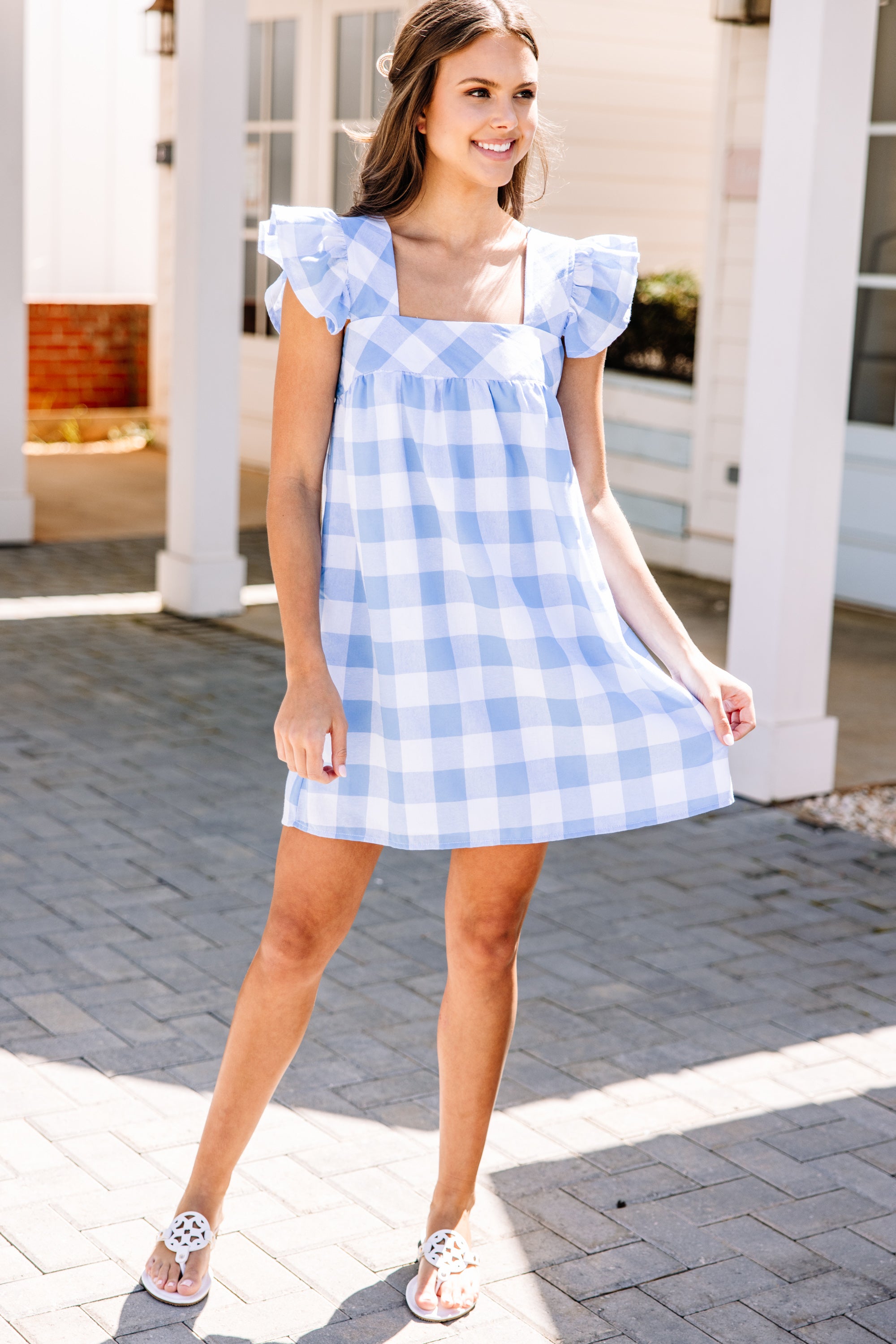 Charming Happy To Help Blue Gingham Babydoll Dress