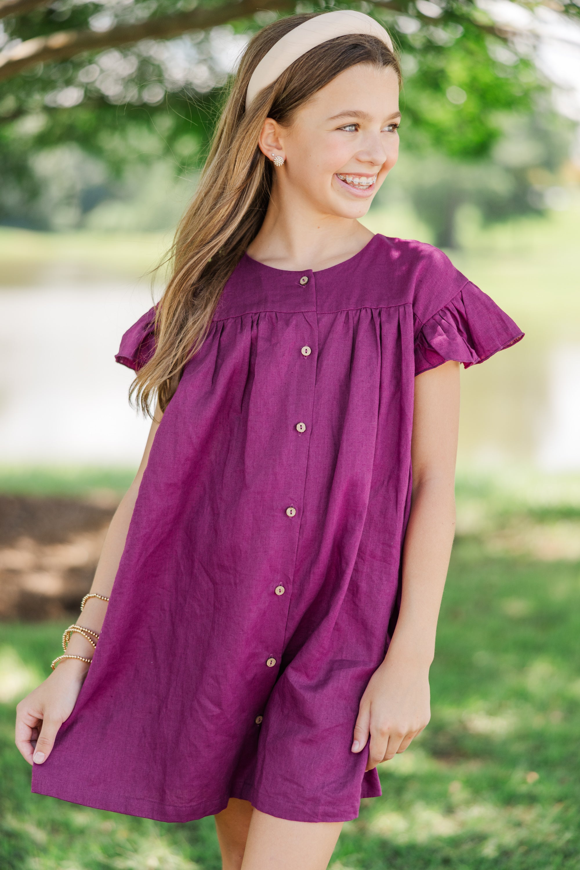 Girls' Magenta Purple Linen 'See You Soon' Dress - Irresistible Style!