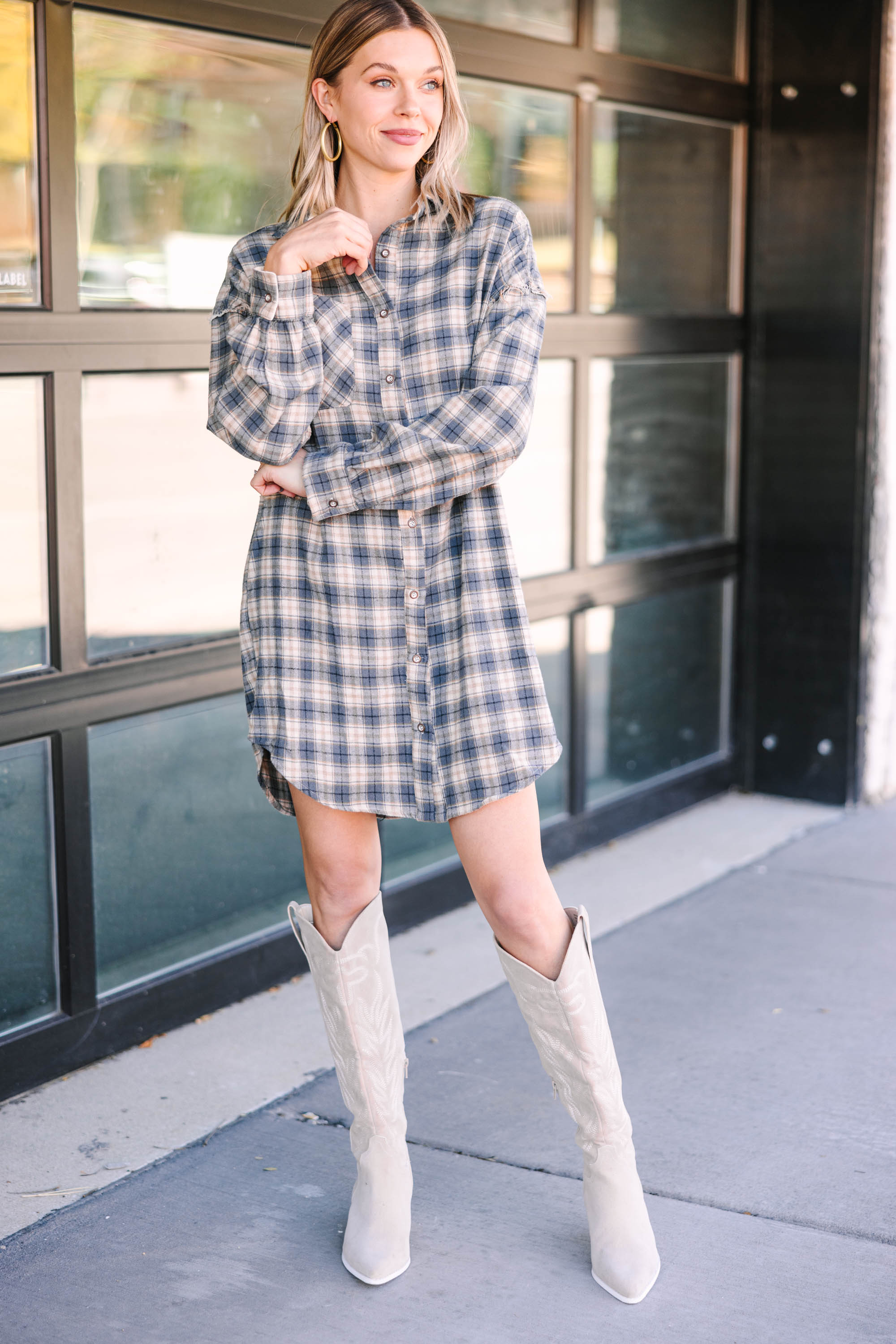 Slate Blue Plaid Shirt Dress: Feel Your Best!