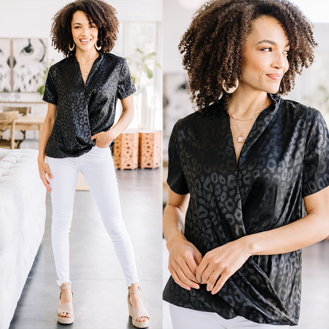 All My Love Enchanting Black Satin Leopard Print Blouse