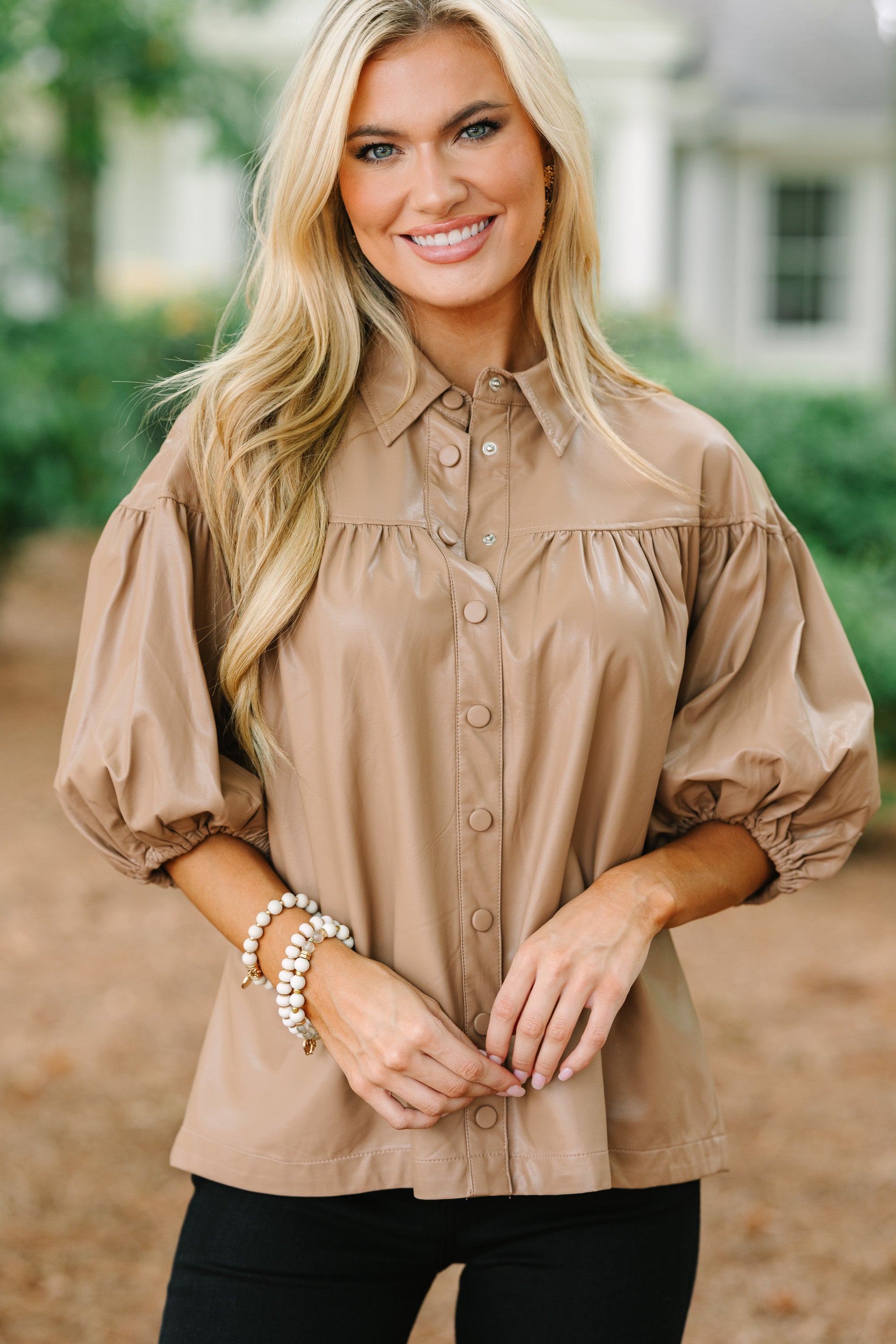 Stunning Camel Brown Faux Leather Blouse - Be Bold!
