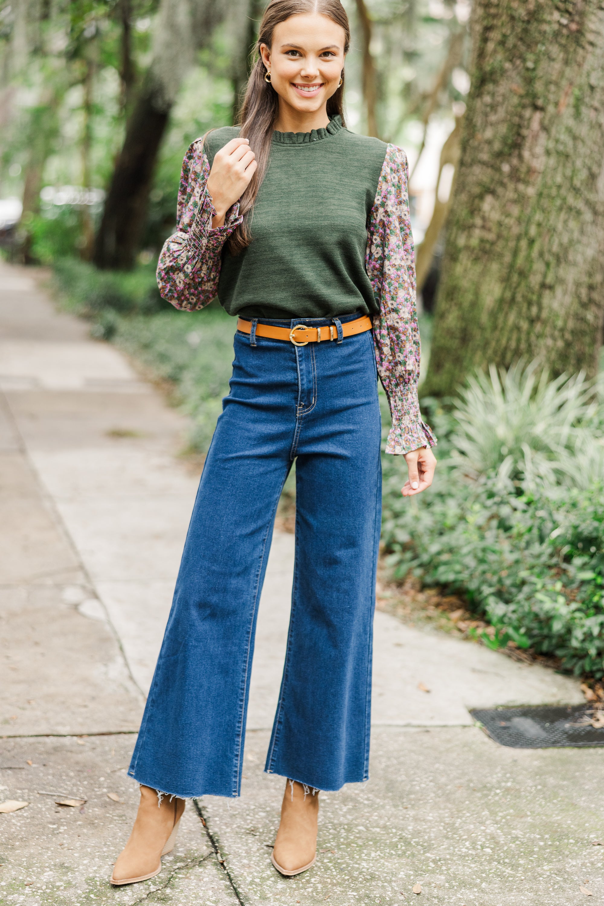 Joyful Olive Green Floral Blouse: Your Season-Long Happiness!