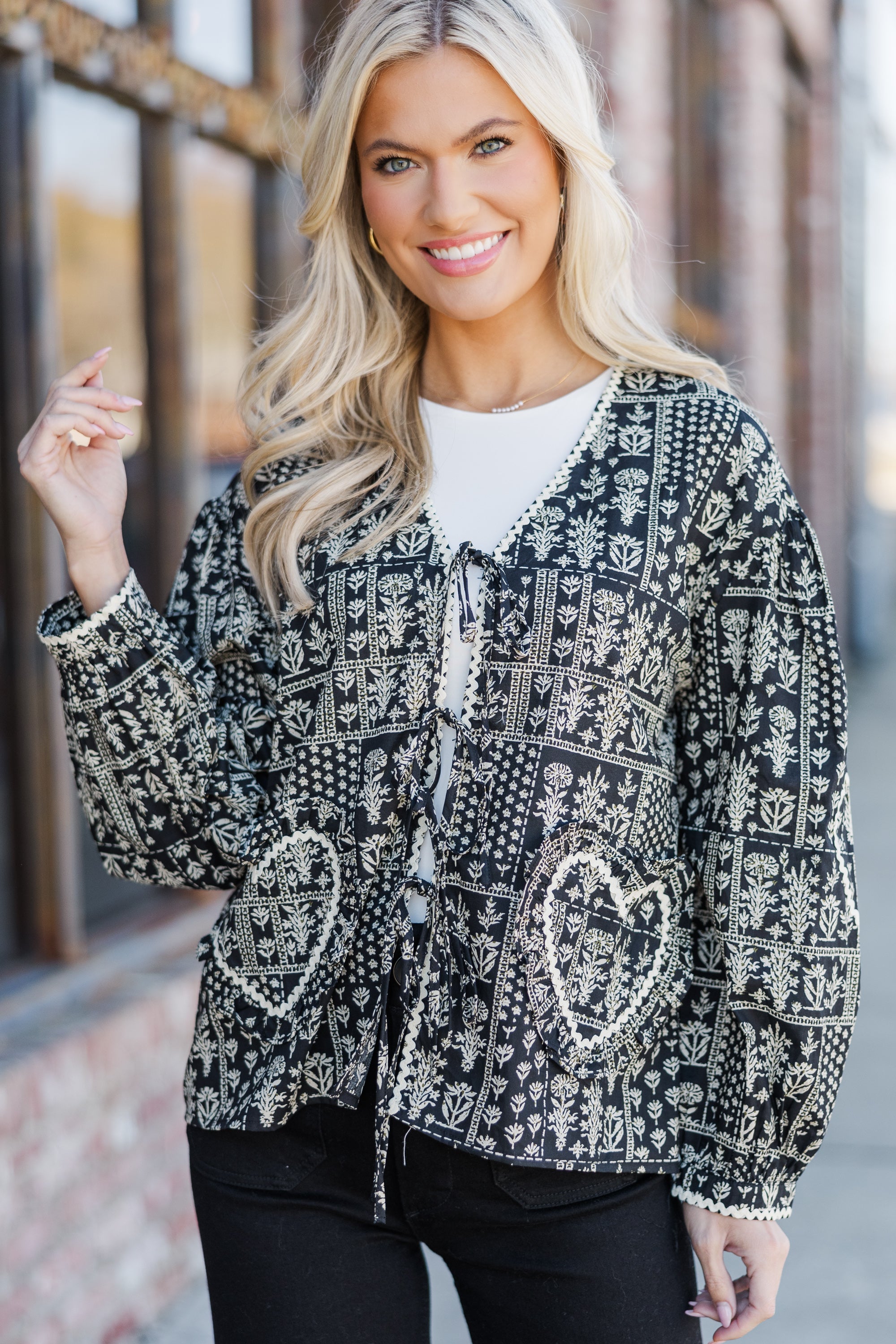 Gorgeous Black Floral Tied Front Jacket for Unforgettable Style