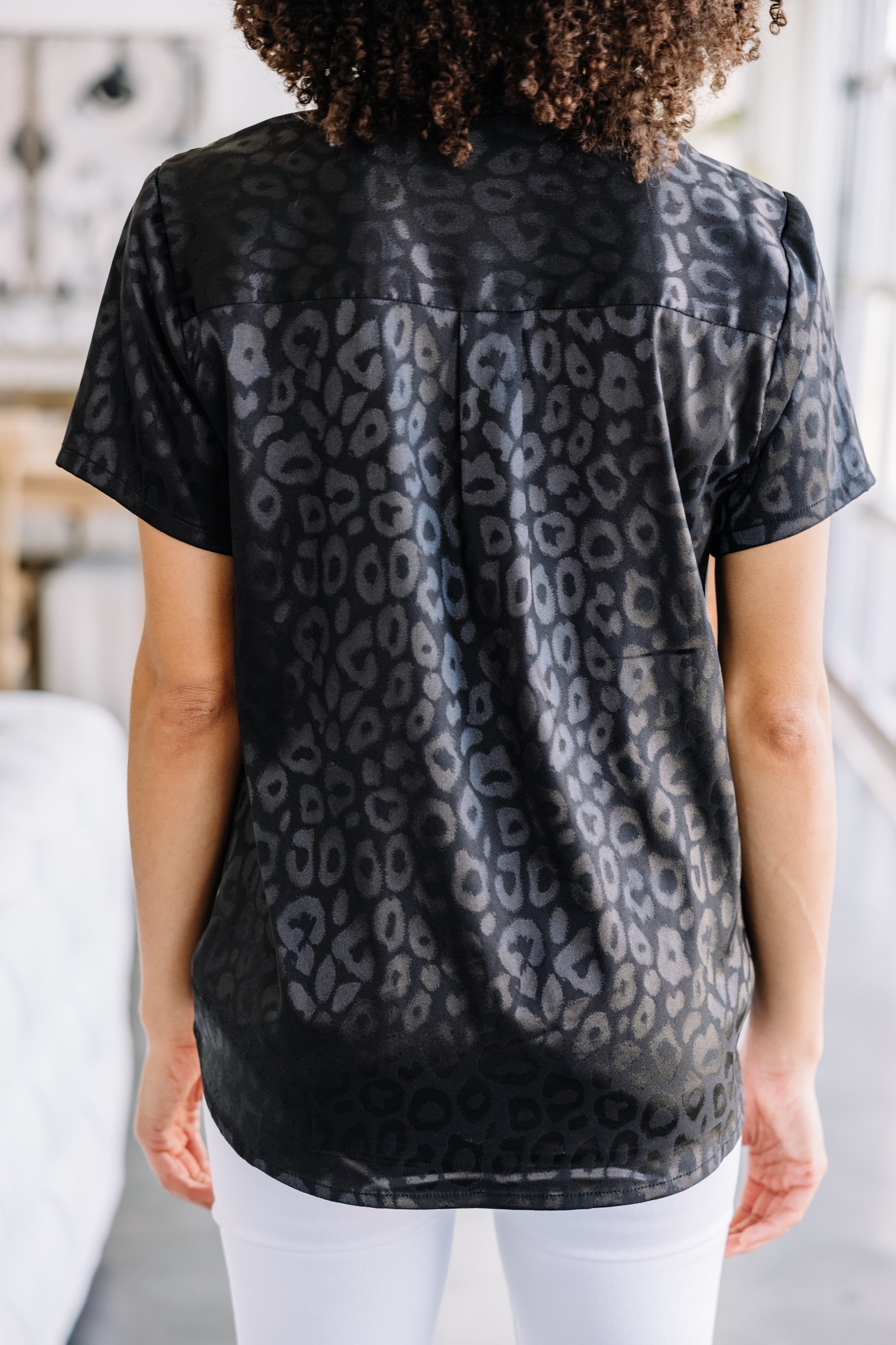All My Love Enchanting Black Satin Leopard Print Blouse