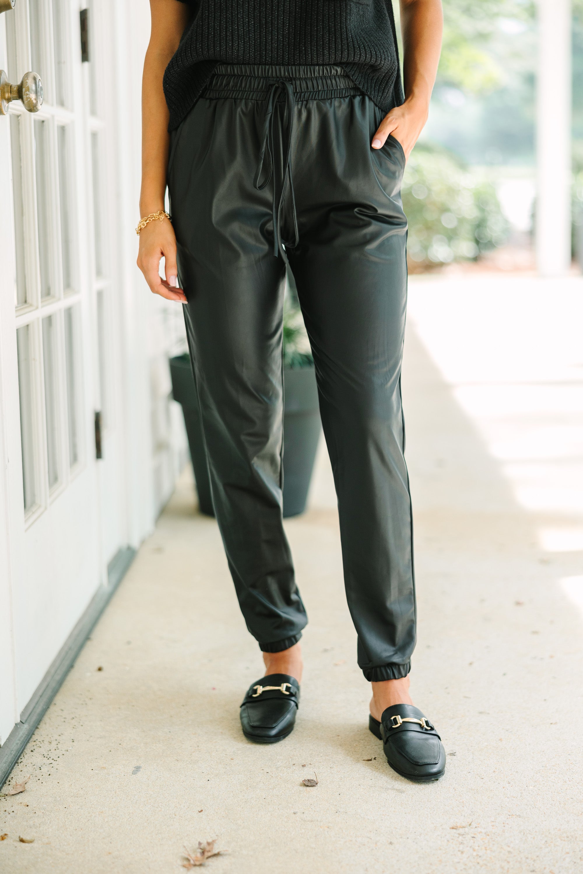 Love-Inspired Black Faux Leather Joggers
