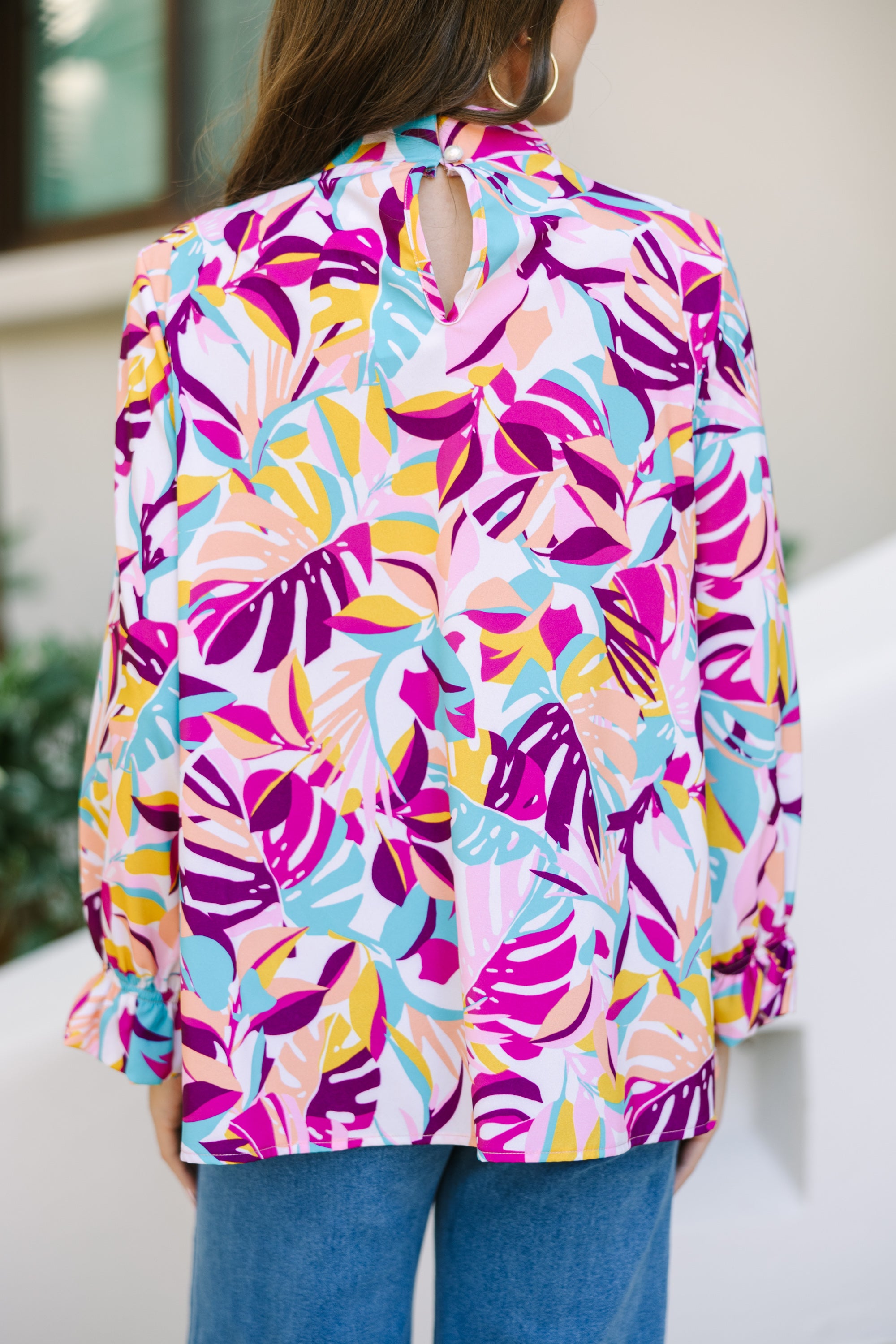 Unleash Your True Self with Fuchsia Pink Tropical Floral Blouse