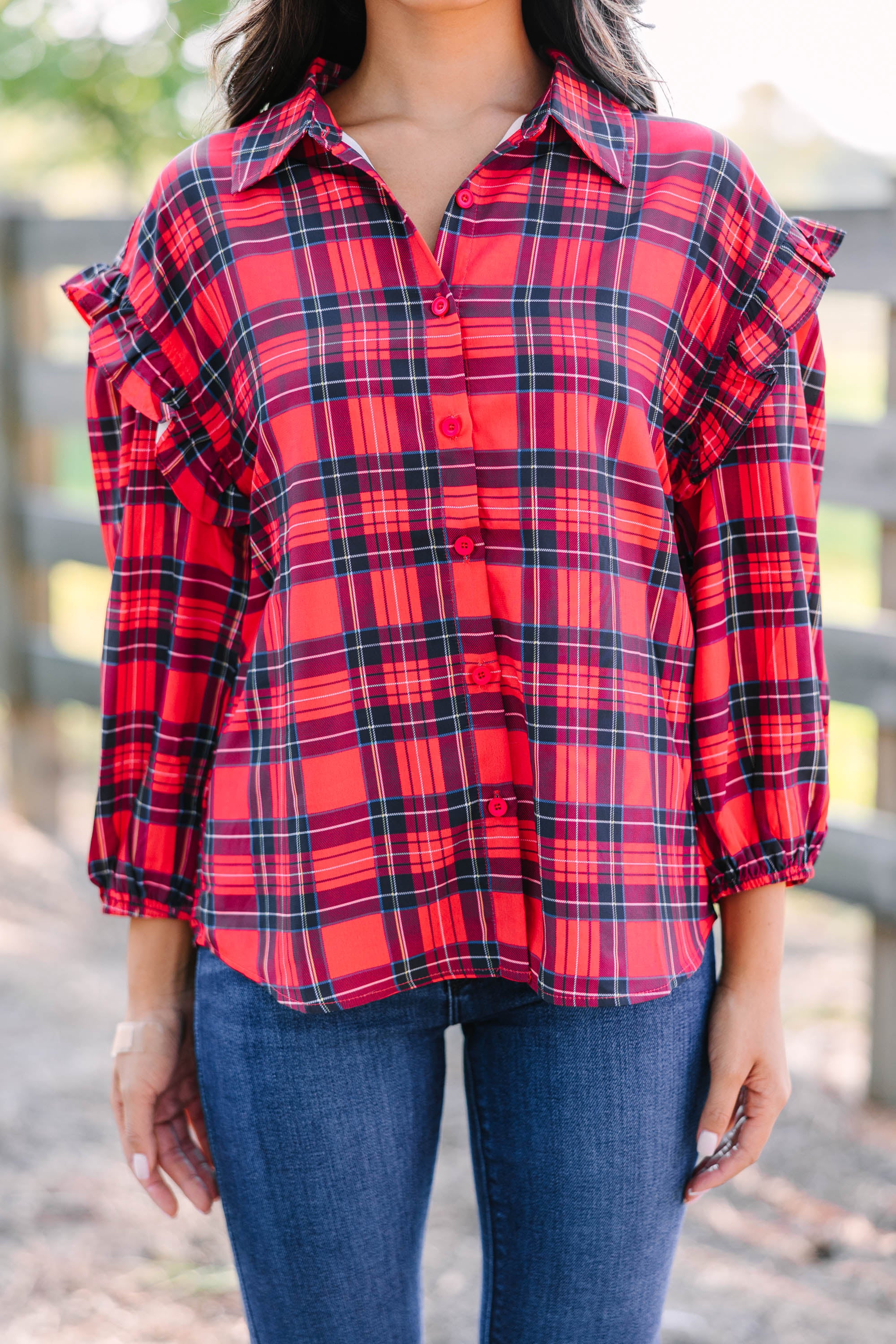 Gorgeous Red Plaid Ruffled Blouse - A Must-Have!