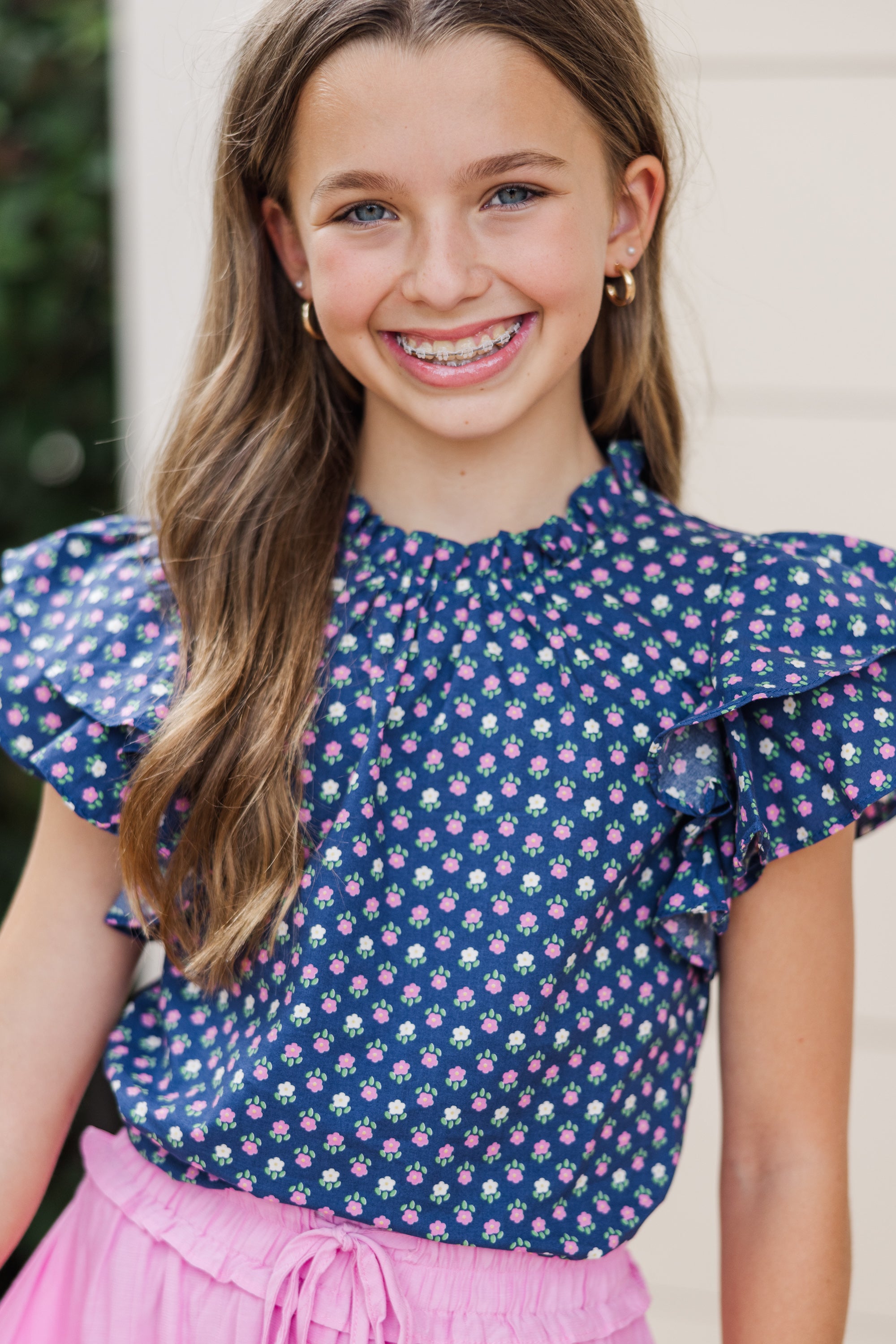 Irresistible Girls' Blue Ditsy Floral Blouse for Spring