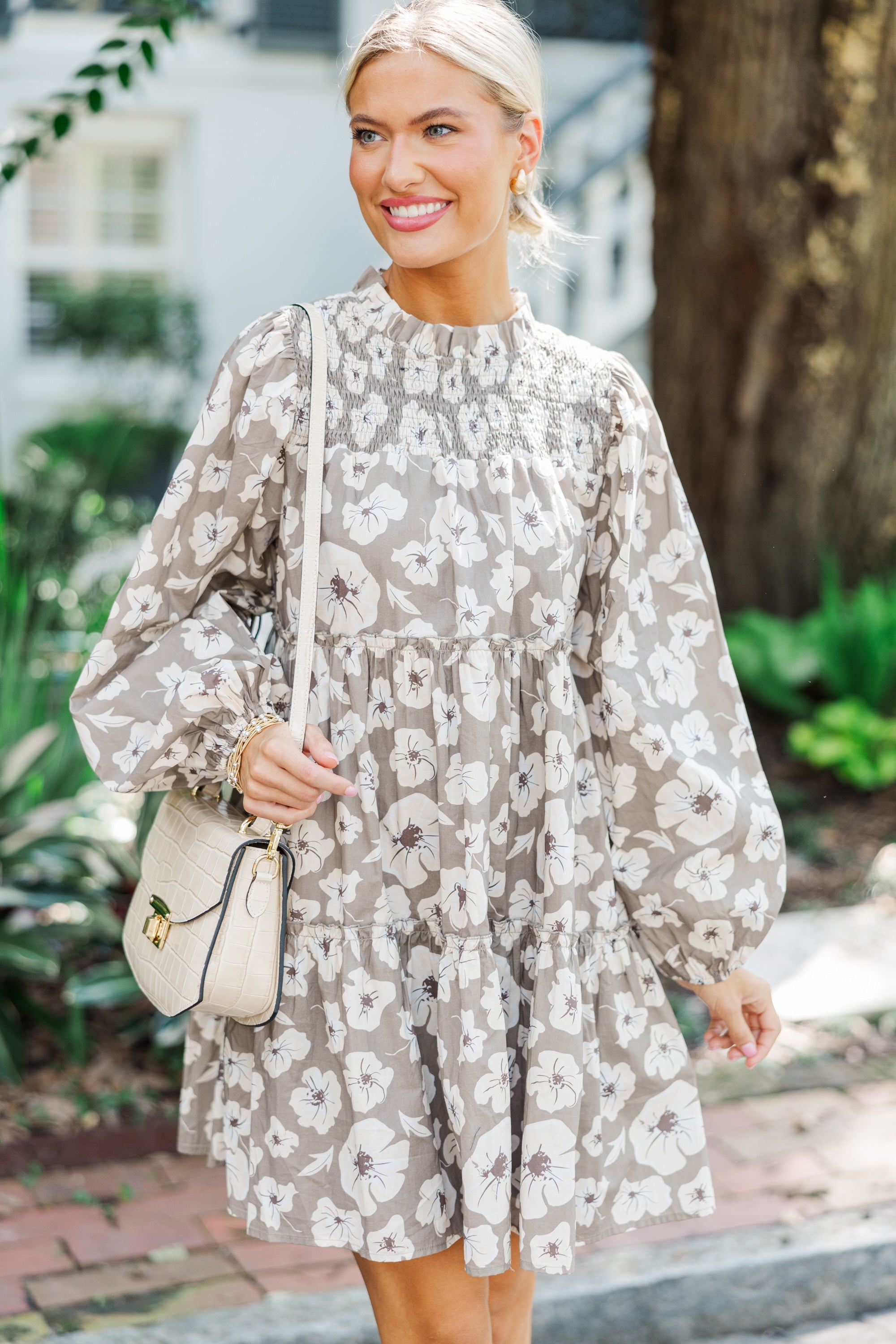 Gorgeous Taupe Brown Floral Babydoll Dress - Be Your Best!