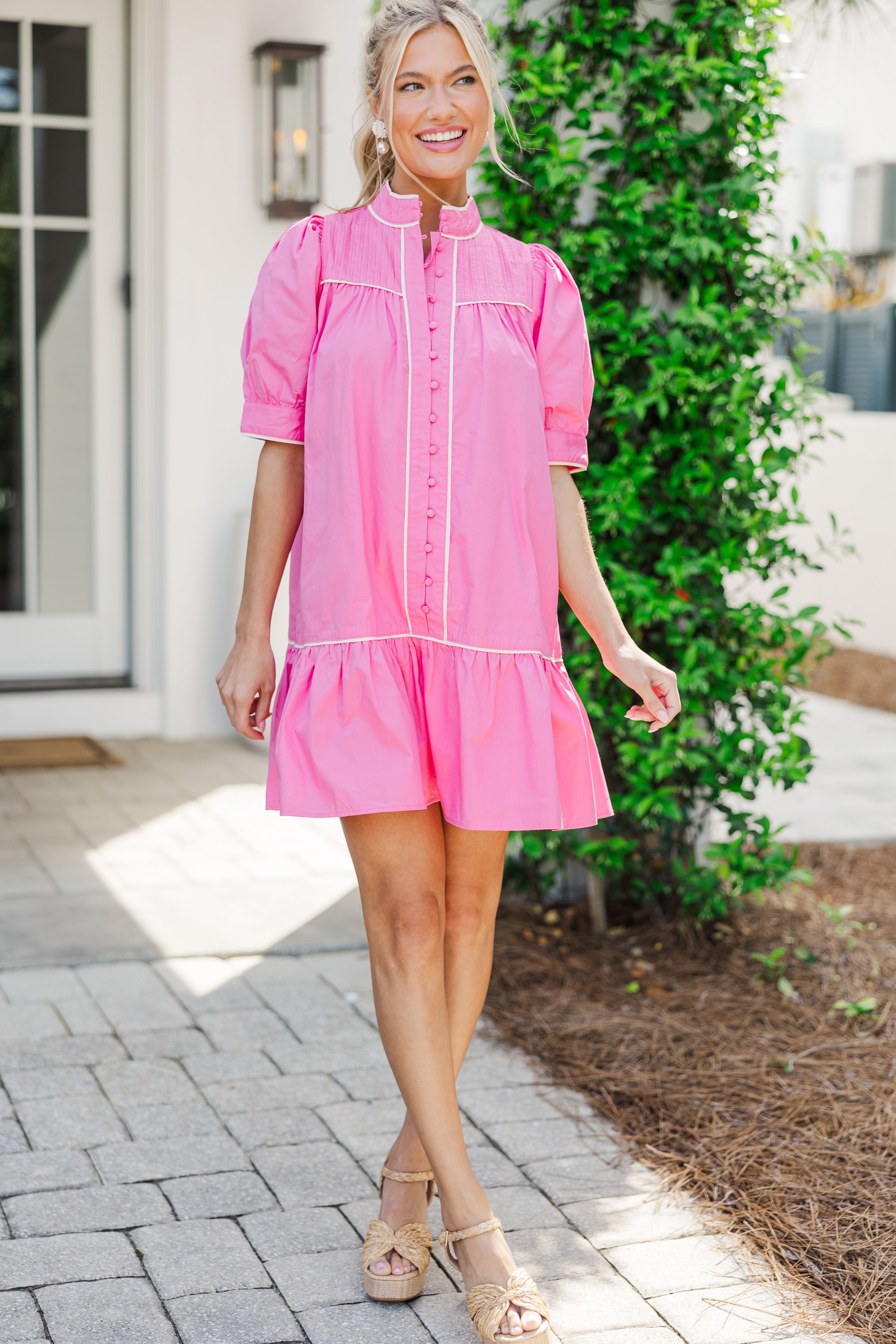 Gorgeous Preppy Pink Button - Down Dress
