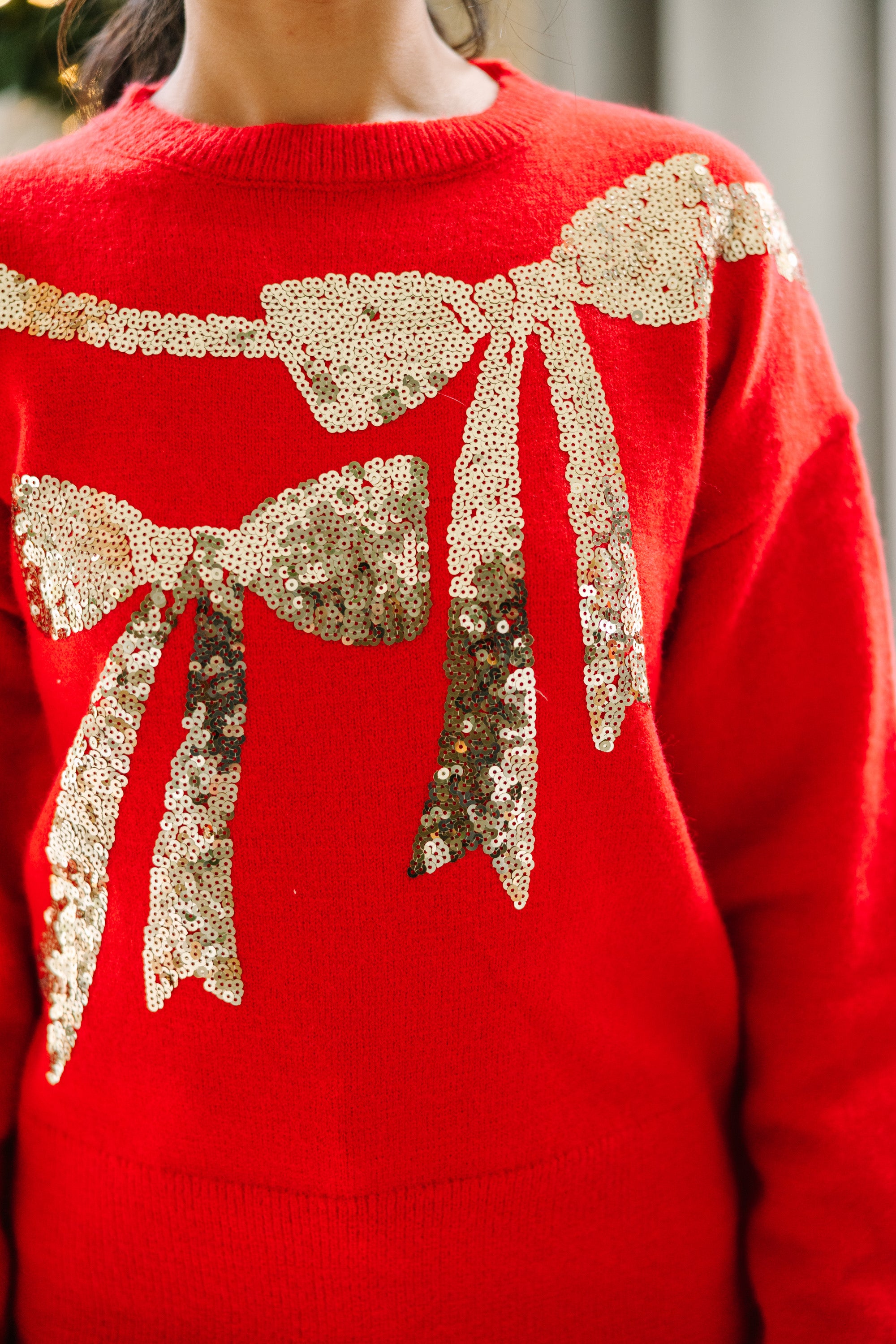Glamorous Red Sequin Bow Sweater - Feel Like a Holiday Star!